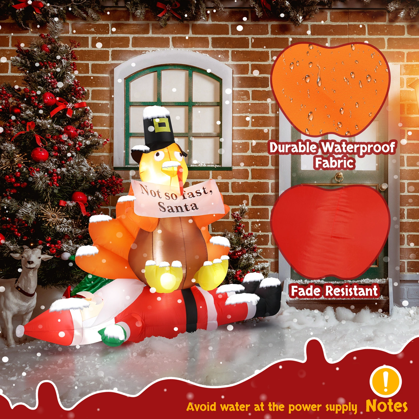 4.9 FT Lighted Christmas Inflatable Decoration, Inflatable Turkey Sitting on Santa Claus, Funny Blow Up Yard Decorations with Built-in LED Lights for Holiday Party Front Yard Lawn Garden Decor view 7