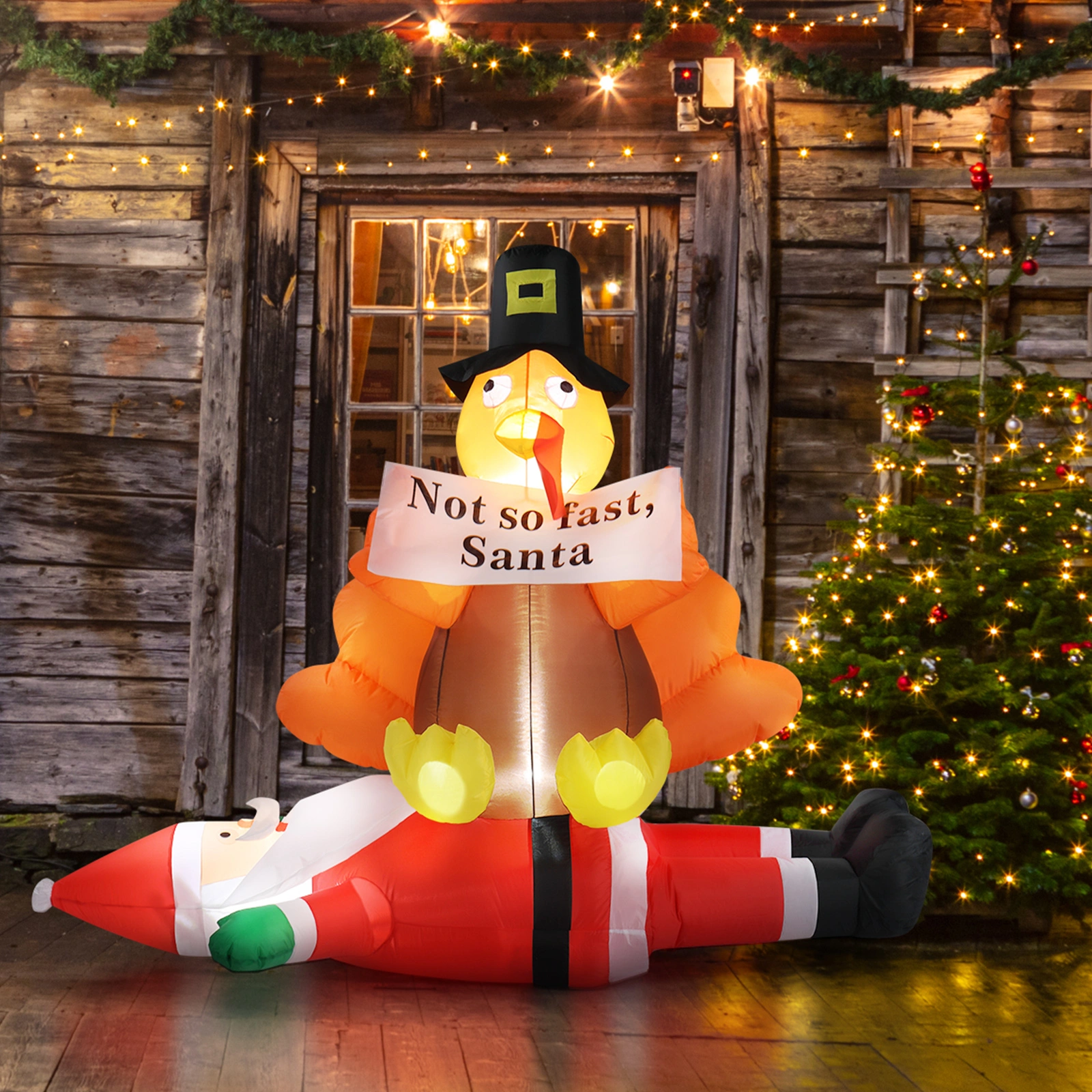 4.9 FT Lighted Christmas Inflatable Decoration, Inflatable Turkey Sitting on Santa Claus, Funny Blow Up Yard Decorations with Built-in LED Lights for Holiday Party Front Yard Lawn Garden Decor view 9