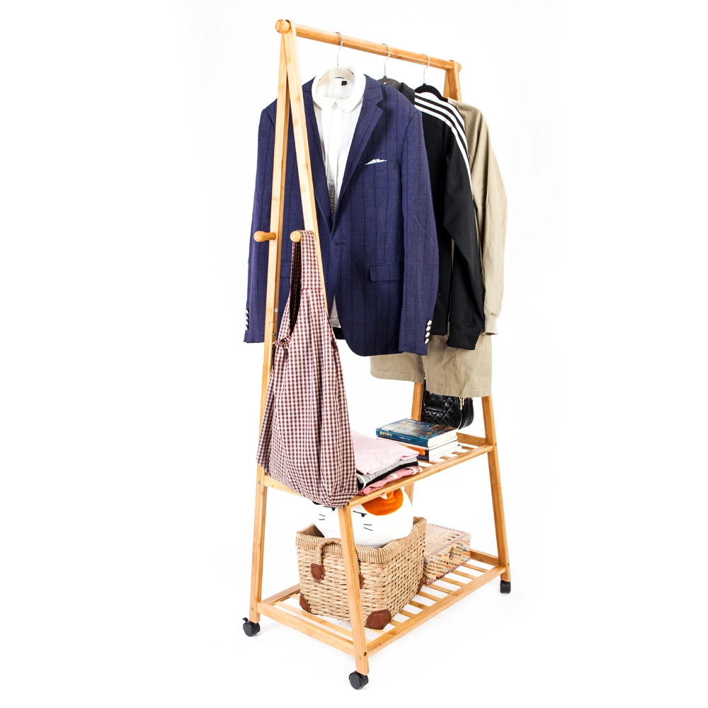 2-Layer Portable Clothes Hanger with Wheels, Foldable Storage Rack, Wood Color