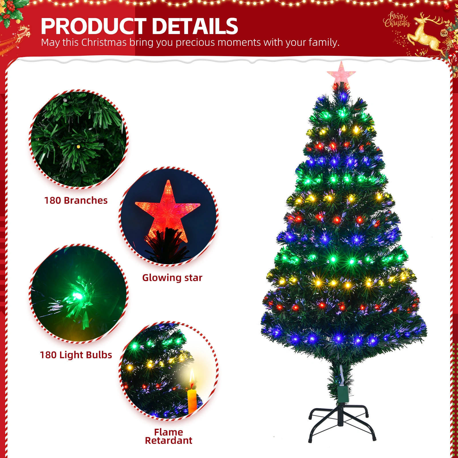 5 Ft Pre-Lit Artificial Christmas Tree with Top Star, 180 Fiber Optic LEDs, Full Branch Tips, Green Xmas Decor for Home & Party view 3