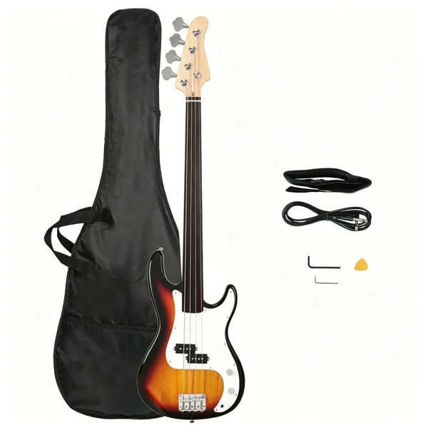 [Do Not Sell on Amazon] Fretless Electric Bass Guitar Full Size 4 String for experienced Bass Players Cord Wrench Tool Sunset Color