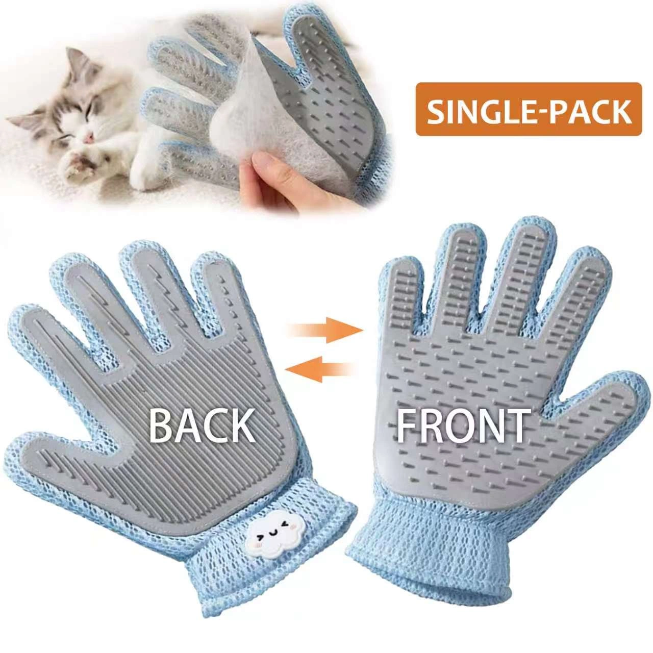 2-in-1 Pet Grooming Glove - Double-Sided Deshedding & Massage Brush for Cats/Dogs, Removes Loose Hair from Fur & Furniture, Ultra-Soft Easy-Clean Mitt(single glove)
