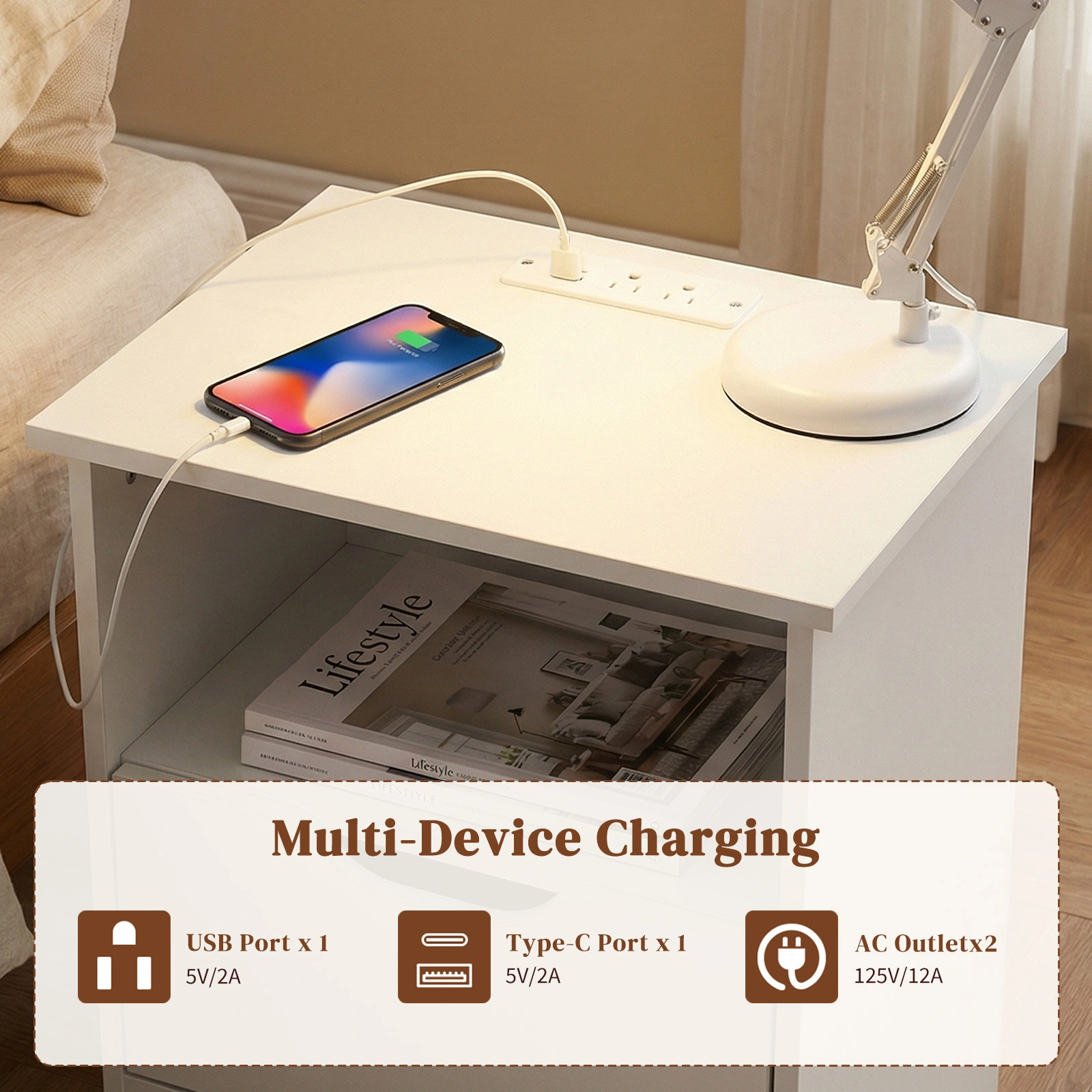 White Textured P2 Particleboard Bedside Table, Handleless Nightstand w/ 2 Drawers & Upper Shelf, European Power Outlet, 40x30x60cm, 1PC view 2