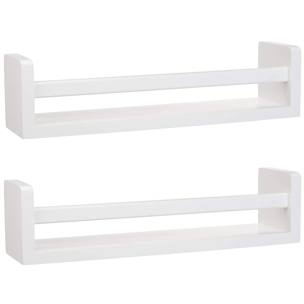 Set of 2 White Floating Wall Shelves, Wood Nursery Shelf Brackets, Decorative Bookshelf & Toy Organizer for Kids Room