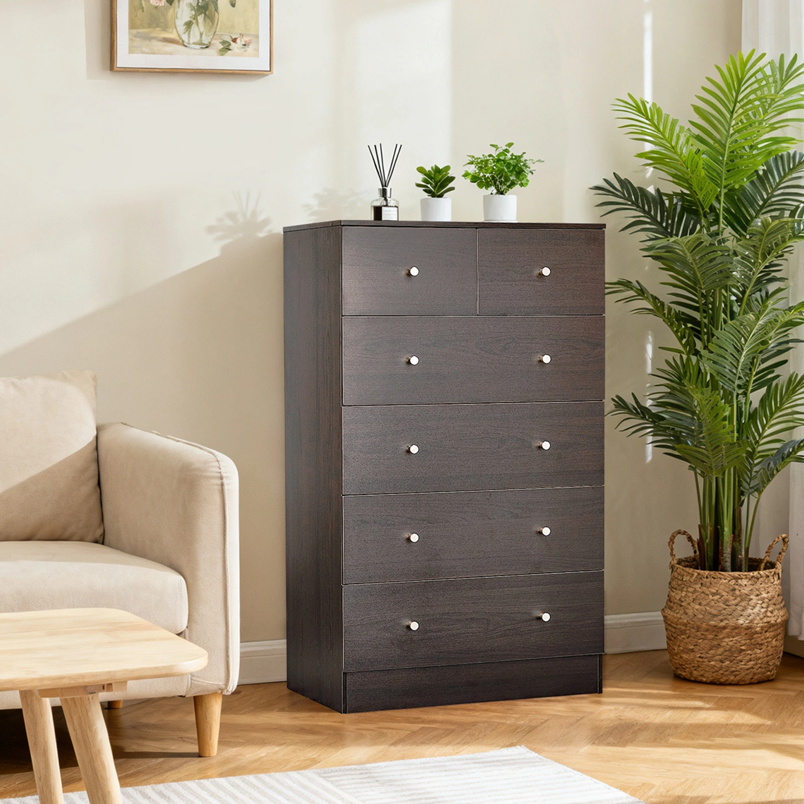 Brown particleboard with a textured melamine finish, 66*40*111cm, 4+2 drawer cabinet, matte gold handles view 7