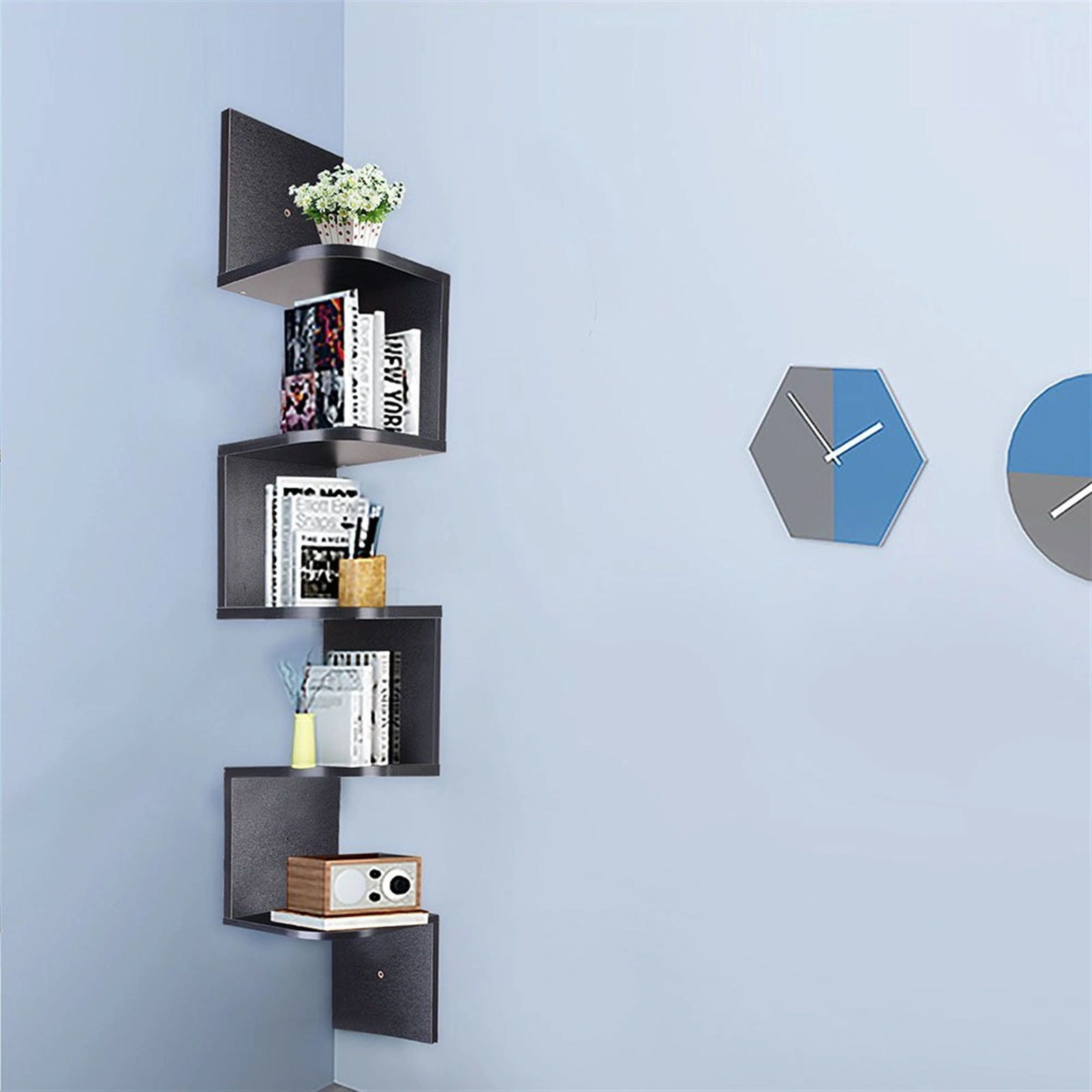 5 Tier Corner Wall Shelf Zig Zag Wooden Floating Shelves Wall Mount Rack Black Home Storage Display view 3