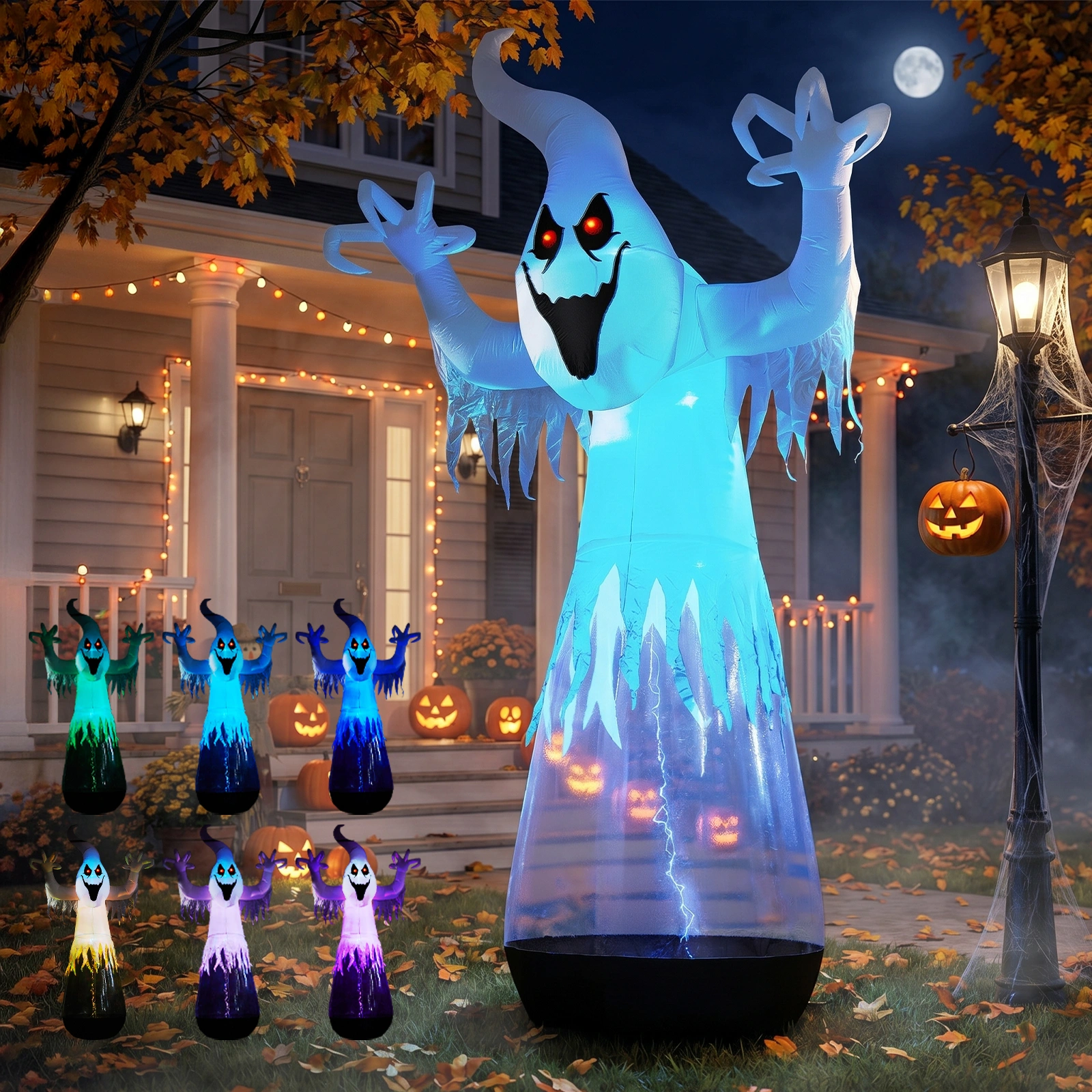 12ft Inflatable Halloween Decor Half-Body Clear PVC White Ghost with 2 LED Lights & 1 Stage Light, Black & White, 12V 2000mA US Power Adapter view 11