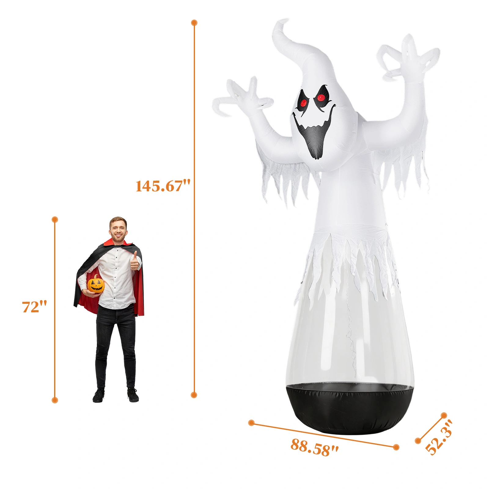 12ft Inflatable Halloween Decor Half-Body Clear PVC White Ghost with 2 LED Lights & 1 Stage Light, Black & White, 12V 2000mA US Power Adapter view 12