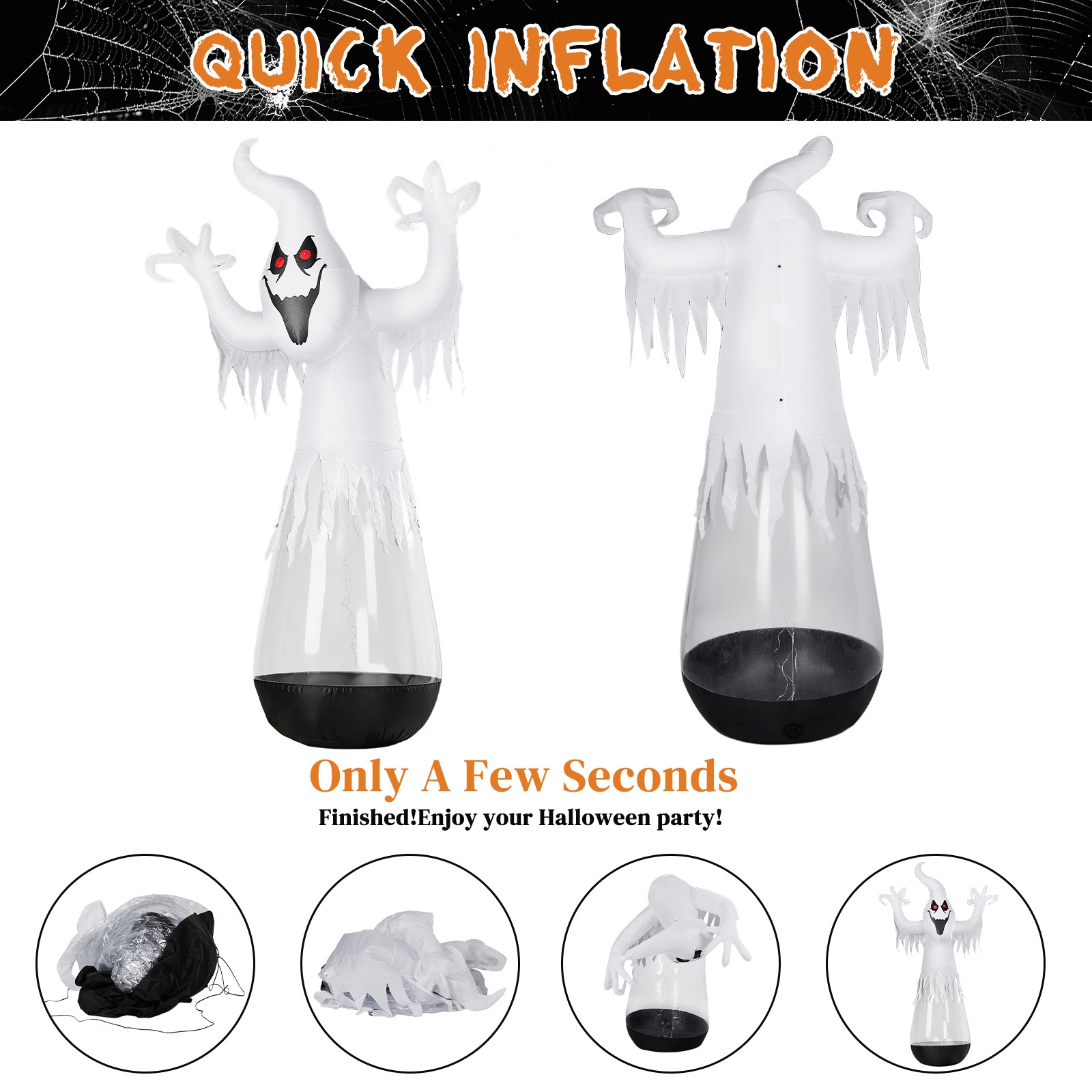 12ft Inflatable Halloween Decor Half-Body Clear PVC White Ghost with 2 LED Lights & 1 Stage Light, Black & White, 12V 2000mA US Power Adapter view 3