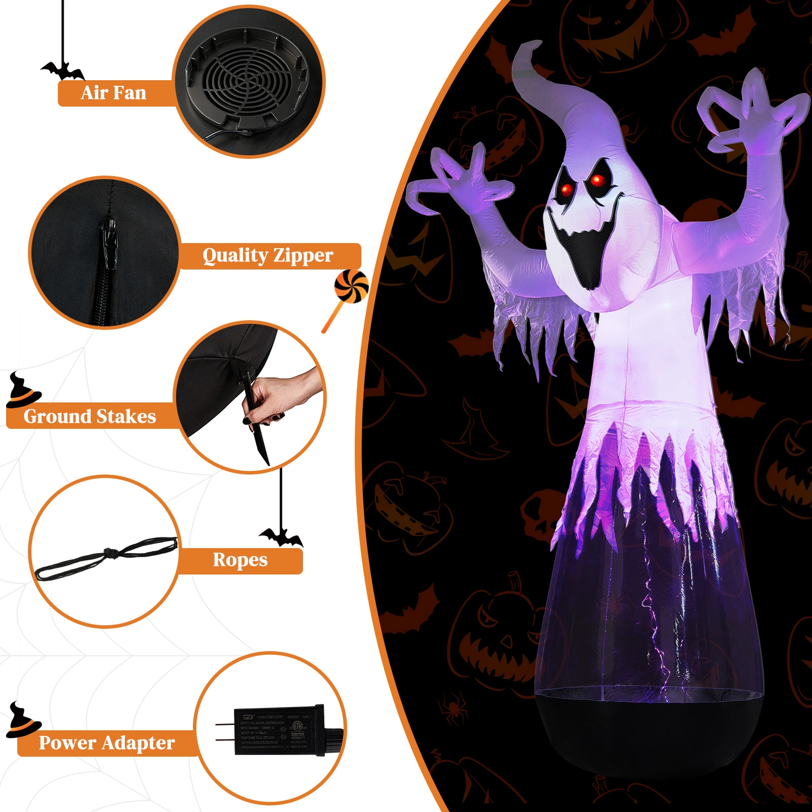12ft Inflatable Halloween Decor Half-Body Clear PVC White Ghost with 2 LED Lights & 1 Stage Light, Black & White, 12V 2000mA US Power Adapter view 6