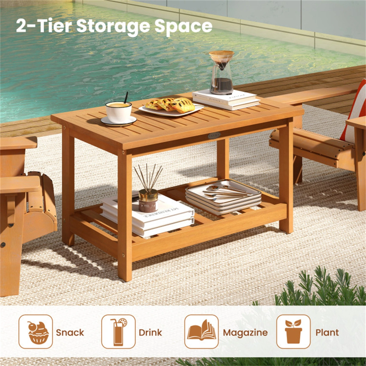 Outdoor Coffee Table with Lower Shelf, Sturdy Slatted Center Table for Patio Garden Living Room Indoor Outdoor view 6