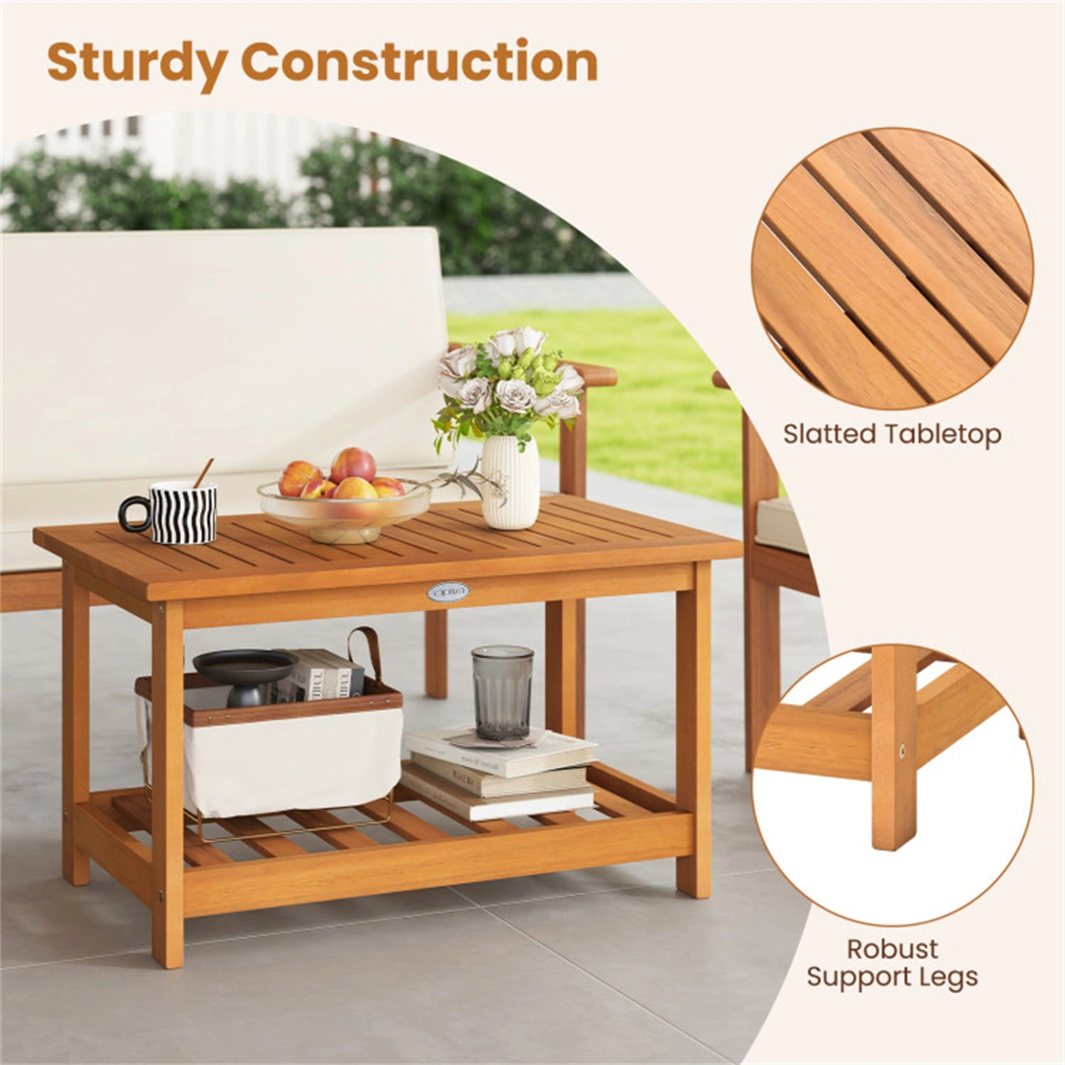 Outdoor Coffee Table with Lower Shelf, Sturdy Slatted Center Table for Patio Garden Living Room Indoor Outdoor view 7