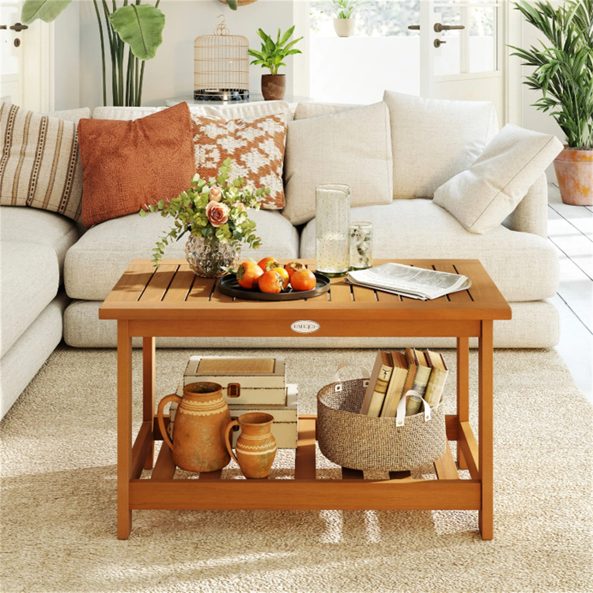 Outdoor Coffee Table with Lower Shelf, Sturdy Slatted Center Table for Patio Garden Living Room Indoor Outdoor view 9