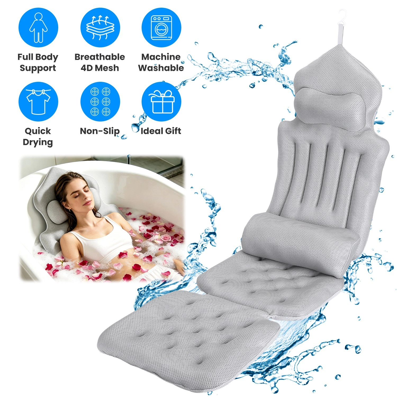 Full Body Bathtub Cushion with Detachable Lumbar Pillow, 4D Honeycomb Mesh Non-Slip Bath Mat with 192 Suction Cups, Machine Washable Soft Bath Pillow for Spa Soaking view 10