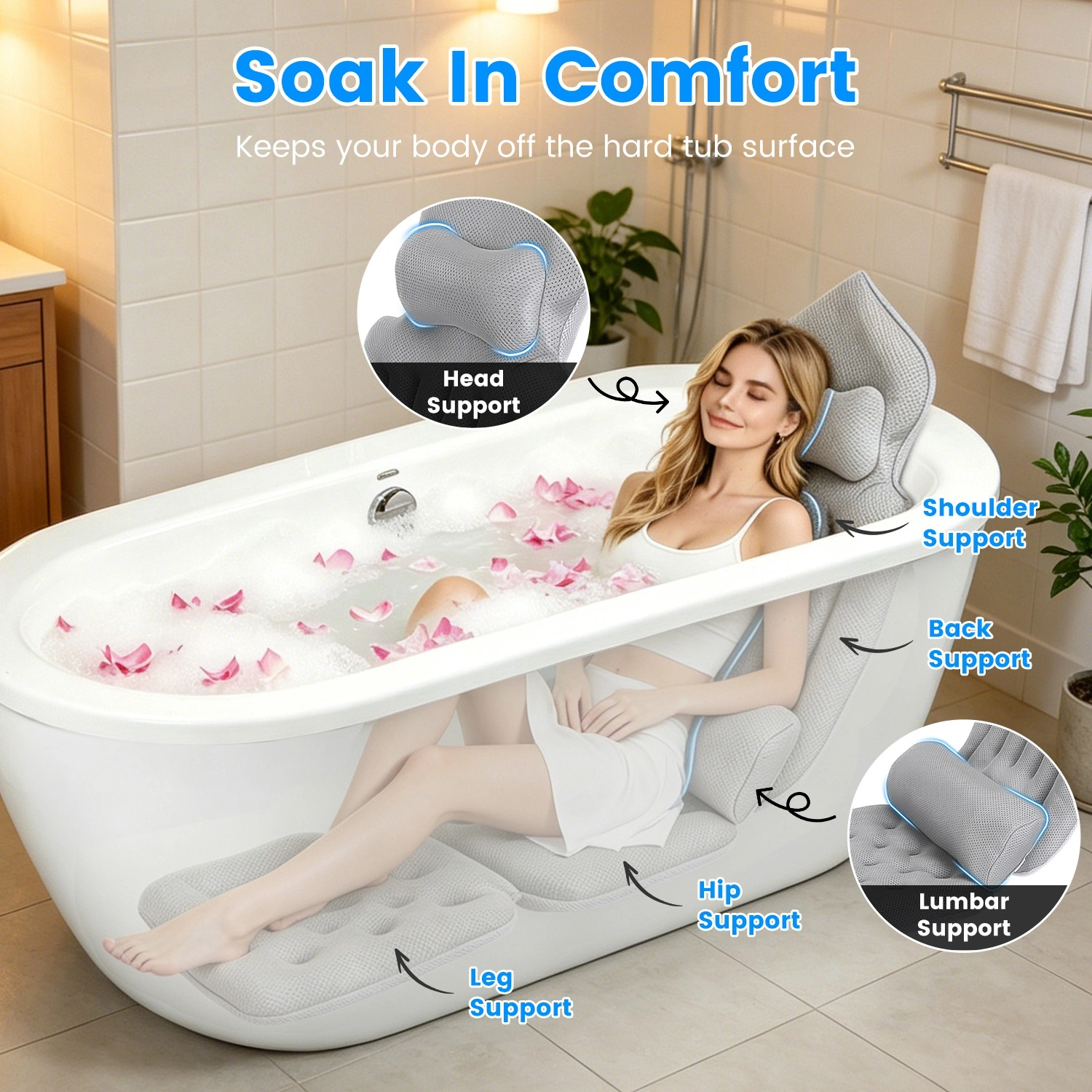 Full Body Bathtub Cushion with Detachable Lumbar Pillow, 4D Honeycomb Mesh Non-Slip Bath Mat with 192 Suction Cups, Machine Washable Soft Bath Pillow for Spa Soaking view 8