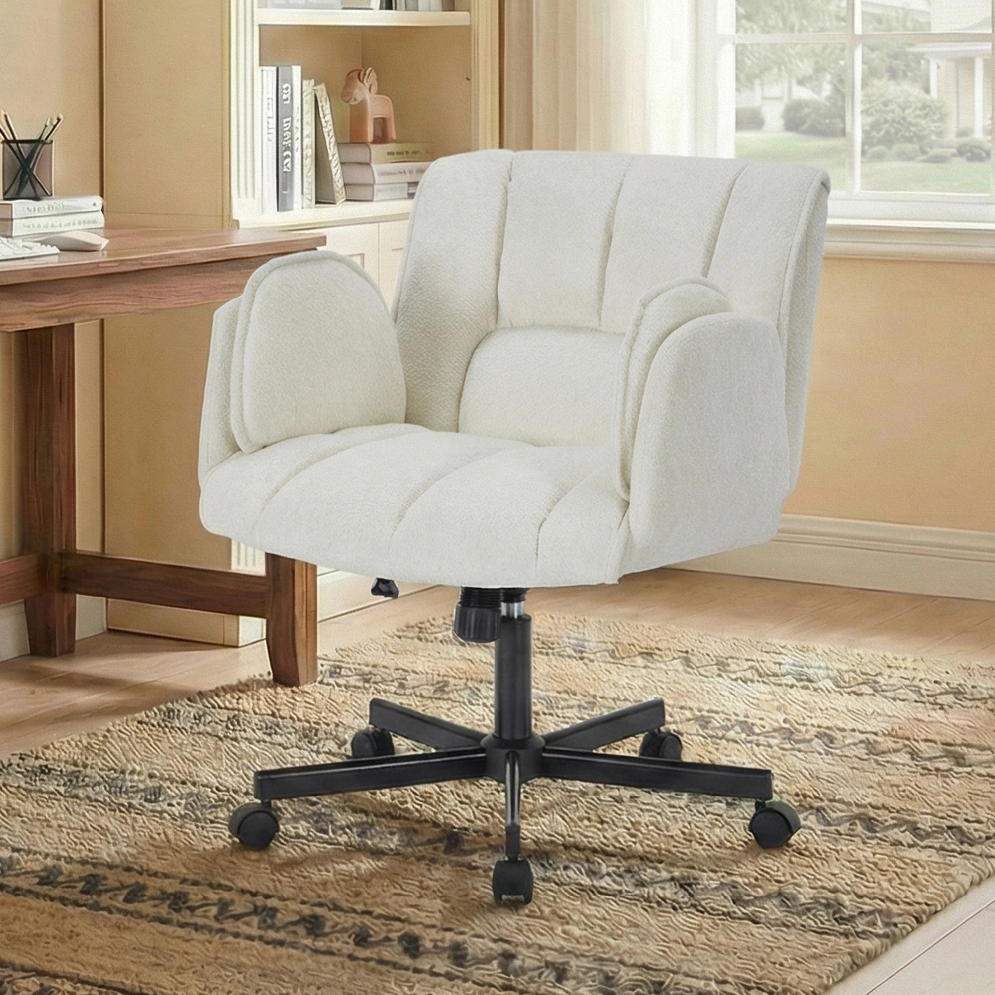 Home office chair, swivel chair, desk chair with casters, rotatable office chair with foldable armrests, load capacity 150kg, height adjustable, Beige
