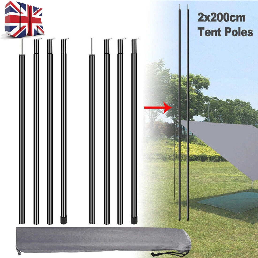 2x 200cm Telescopic Tent Poles Steel Adjustable Awning Canopy Tarp Pole Universal Fit