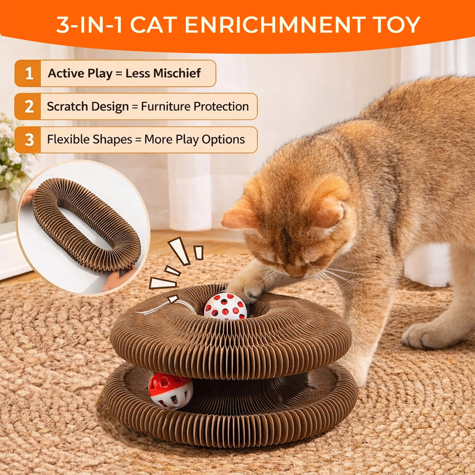2PCS Kitty Curls Cat Toy - Foldable Accordion Cat Scratcher withBall - Magic Organ Cat Scratch Board for Interactive Play -Calming Features view 6