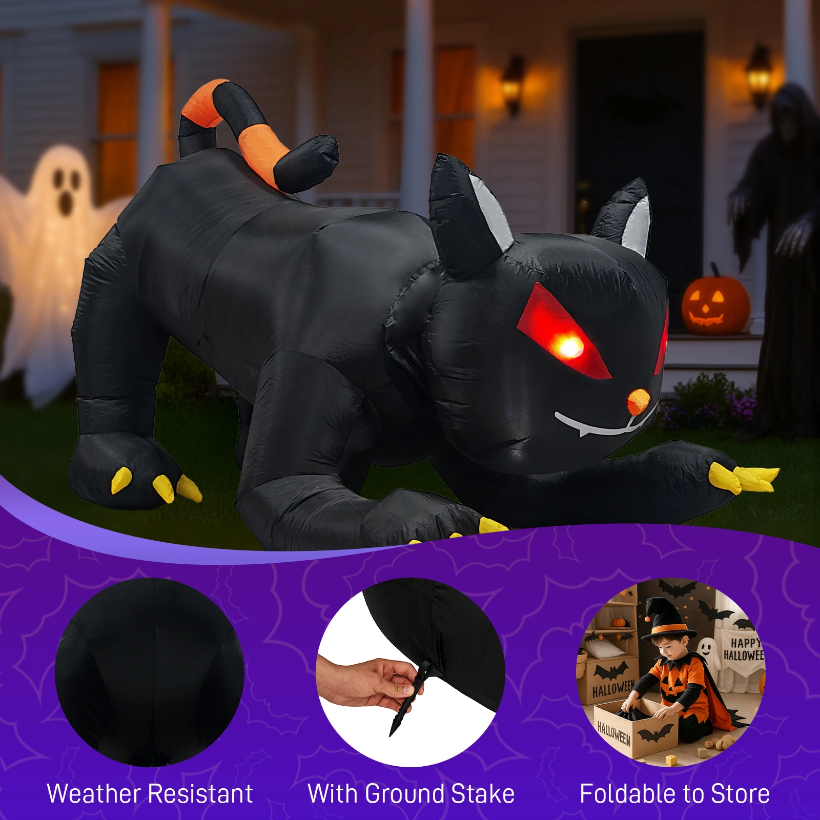 6.5 FT Halloween Inflatables Animated Black Cat with Shakable Head, Outdoor Decorations Blow Up Yard Decor with Built-in LEDs for Indoor Party Garden Lawn Decor view 8