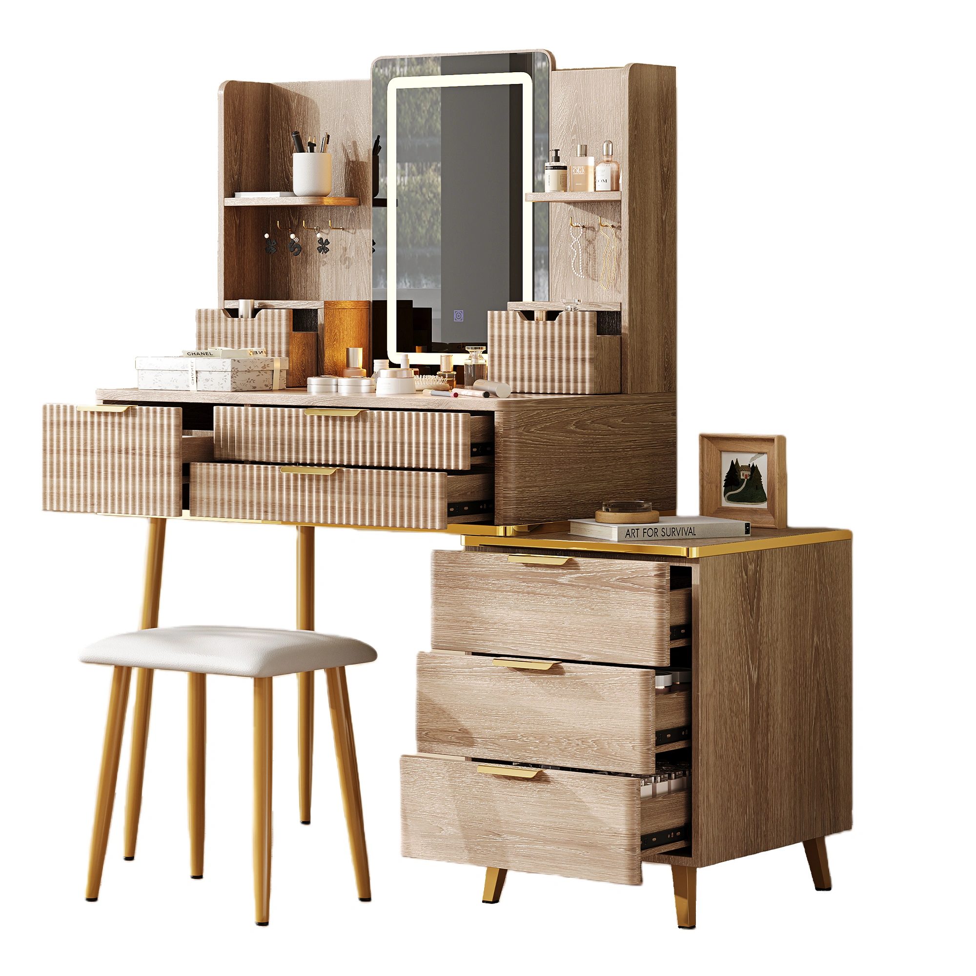 7-Drawer Vanity Desk with LED Mirror, Fluted Makeup Table & Jewelry Storage, PU