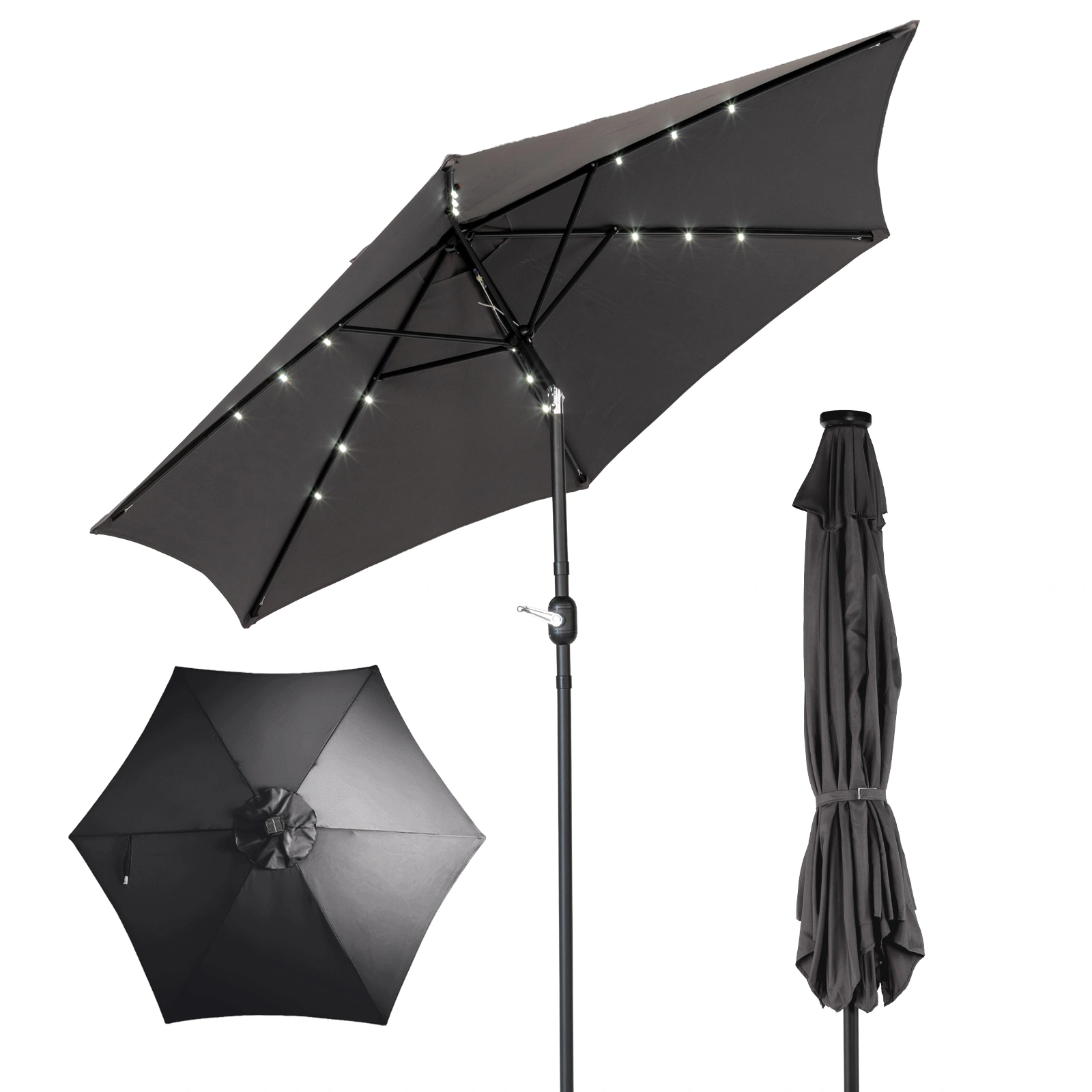 9ft Solar LED Patio Umbrella with Push Button Tilt & Crank, 6 Ribs Waterproof Polyester Outdoor Market Table Umbrella for Garden Backyard Pool, Gray