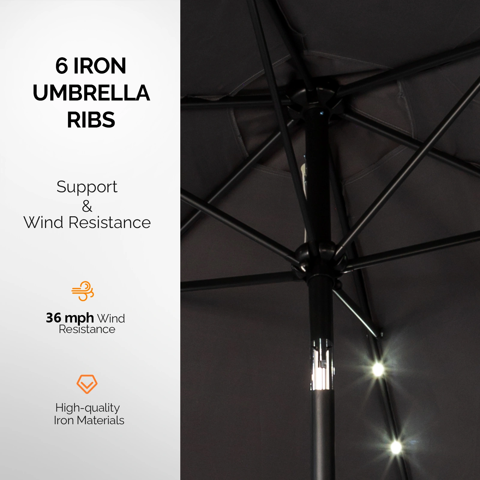 9ft Solar LED Patio Umbrella with Push Button Tilt & Crank, 6 Ribs Waterproof Polyester Outdoor Market Table Umbrella for Garden Backyard Pool, Gray view 4