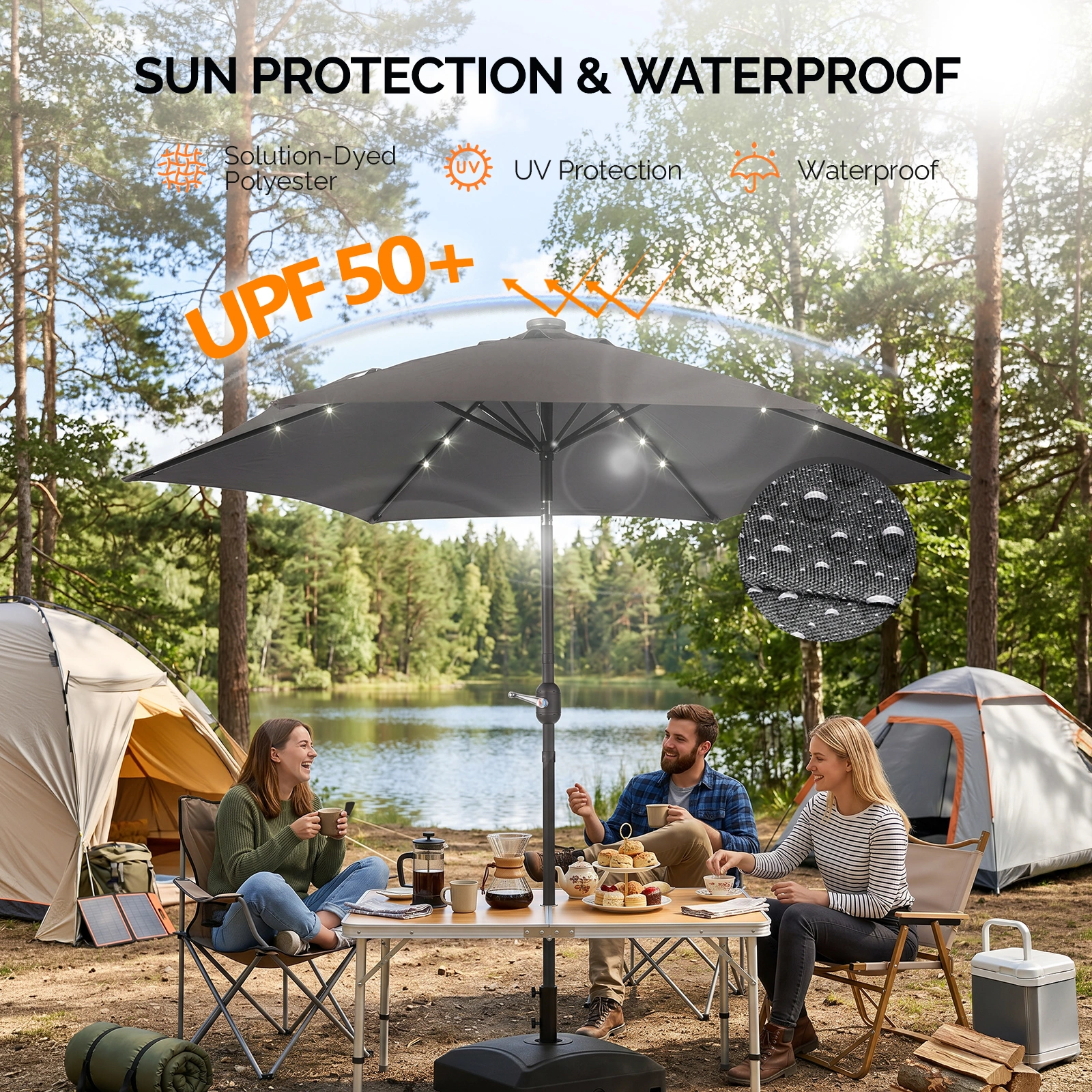 9ft Solar LED Patio Umbrella with Push Button Tilt & Crank, 6 Ribs Waterproof Polyester Outdoor Market Table Umbrella for Garden Backyard Pool, Gray view 5
