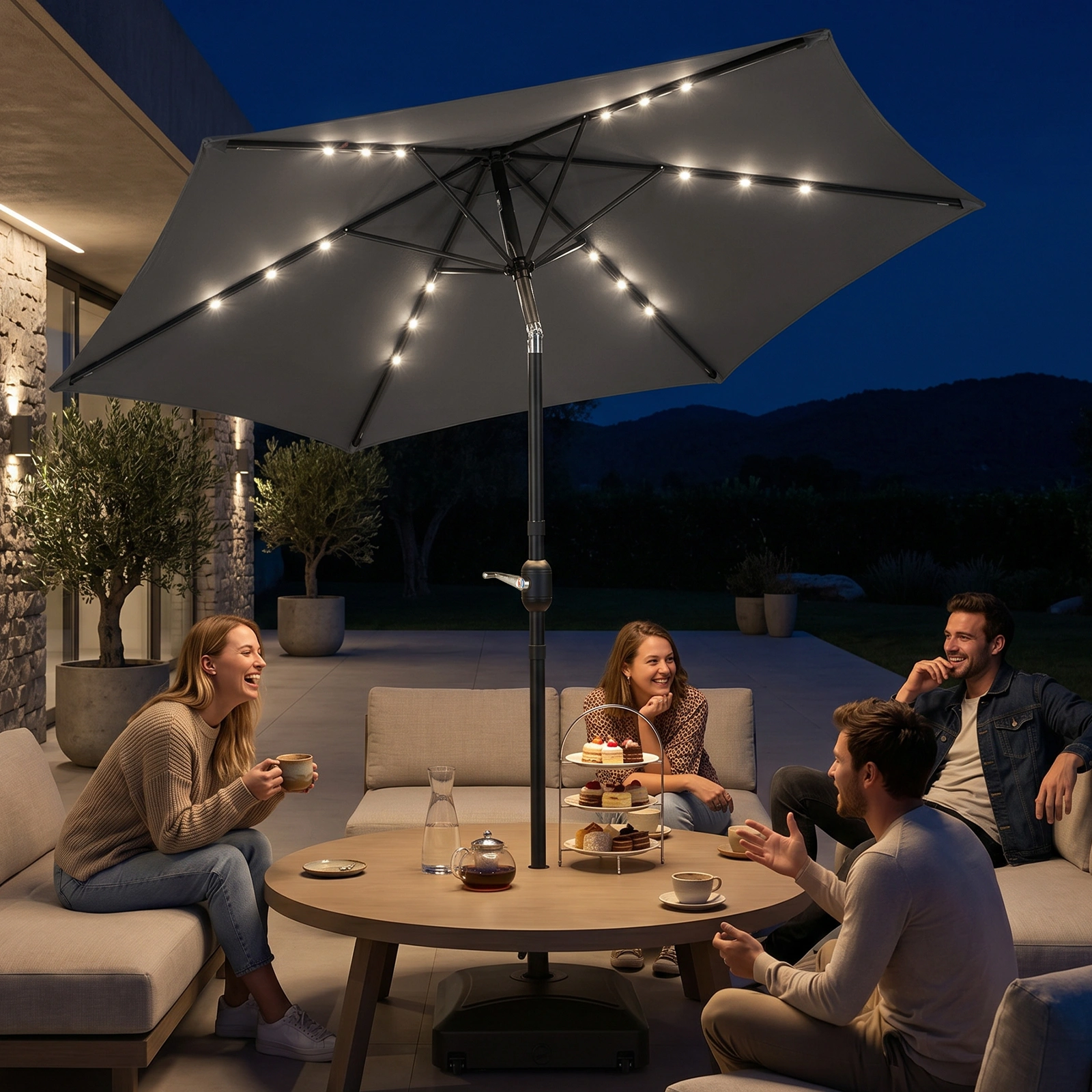 9ft Solar LED Patio Umbrella with Push Button Tilt & Crank, 6 Ribs Waterproof Polyester Outdoor Market Table Umbrella for Garden Backyard Pool, Gray view 6