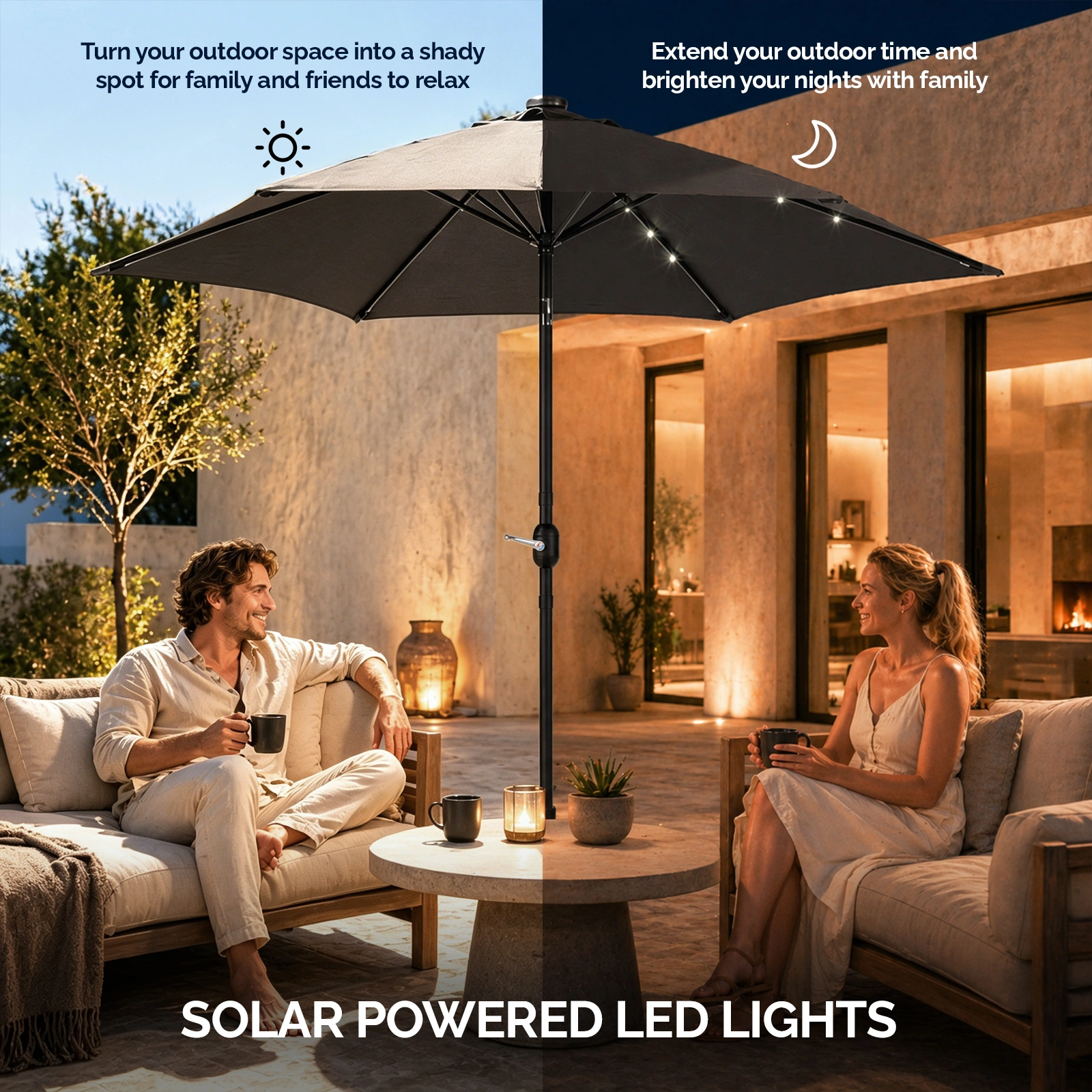 9ft Solar LED Patio Umbrella with Push Button Tilt & Crank, 6 Ribs Waterproof Polyester Outdoor Market Table Umbrella for Garden Backyard Pool, Gray view 7