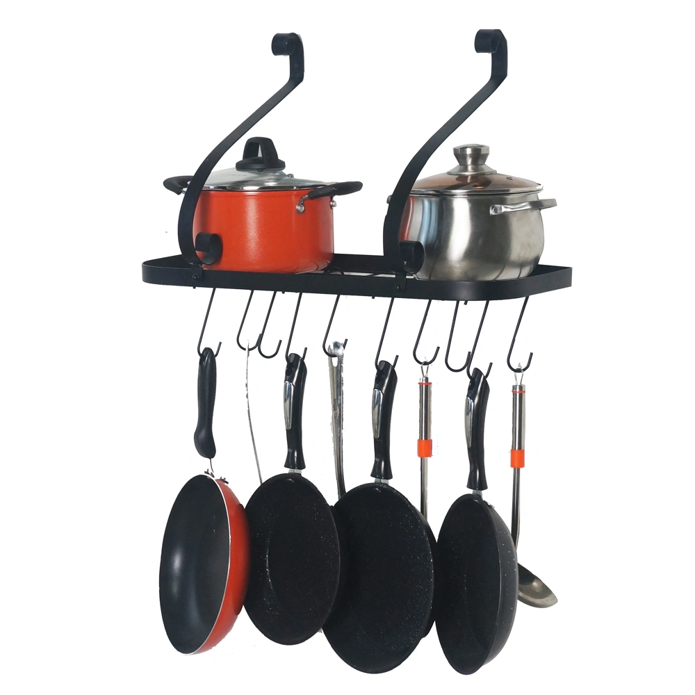 Wall Mount Pot and Pan Rack Organizer with 10 Hooks, Black Kitchen Utensil Storage Hanger
