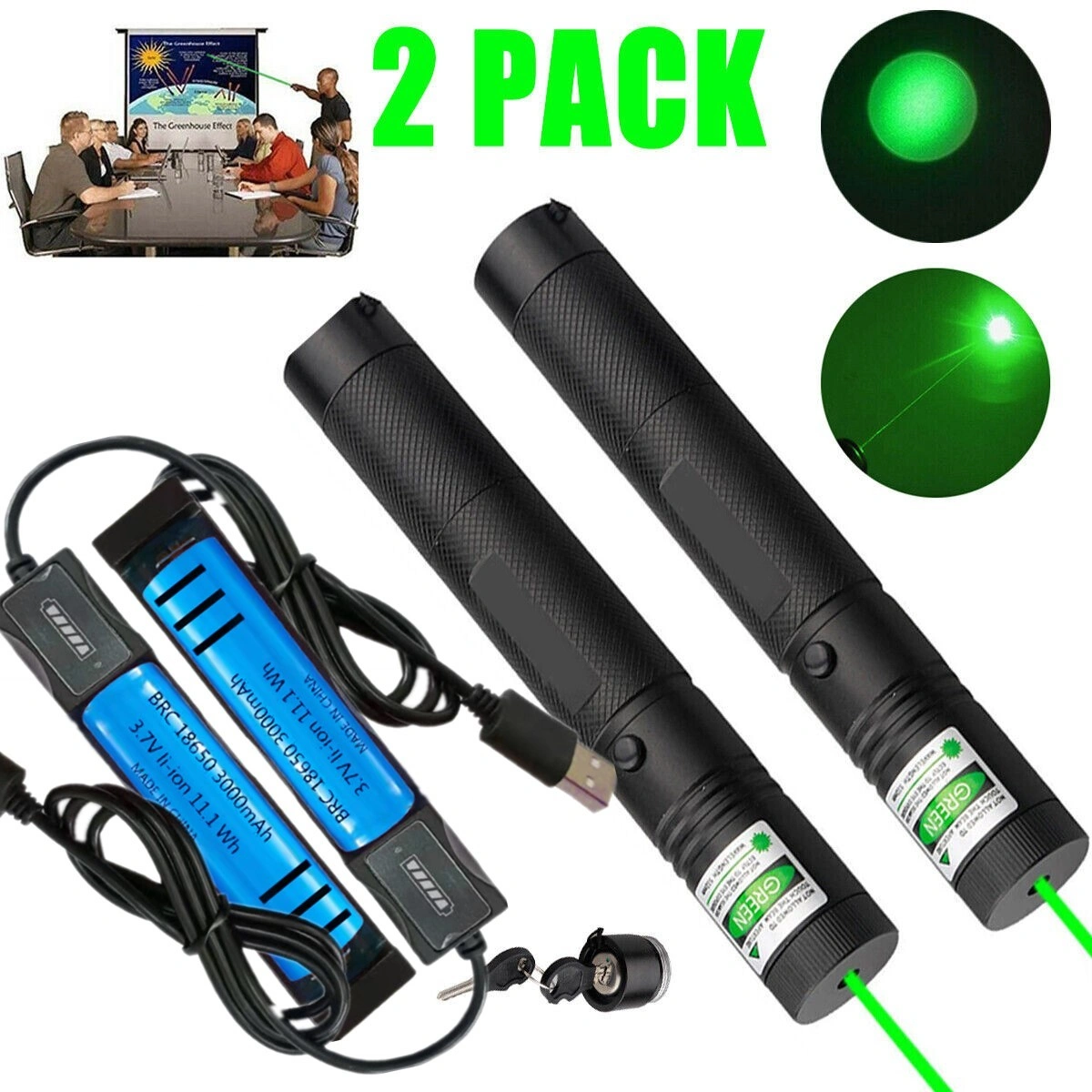 2 Pack Rechargeable 532nm Green Laser Pointer Pen with Visible Beam, Includes Battery & Charger
