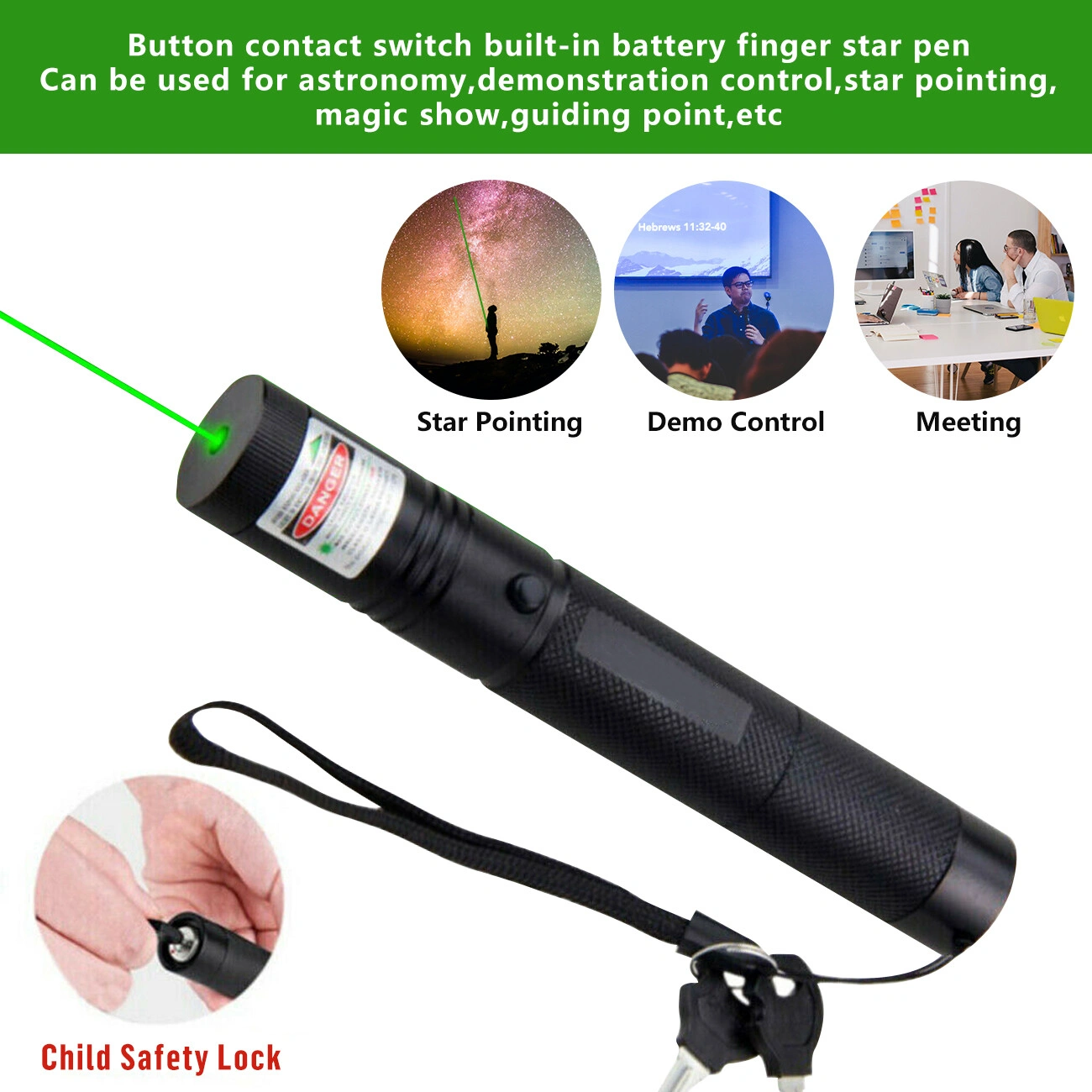 2 Pack Rechargeable 532nm Green Laser Pointer Pen with Visible Beam, Includes Battery & Charger view 4