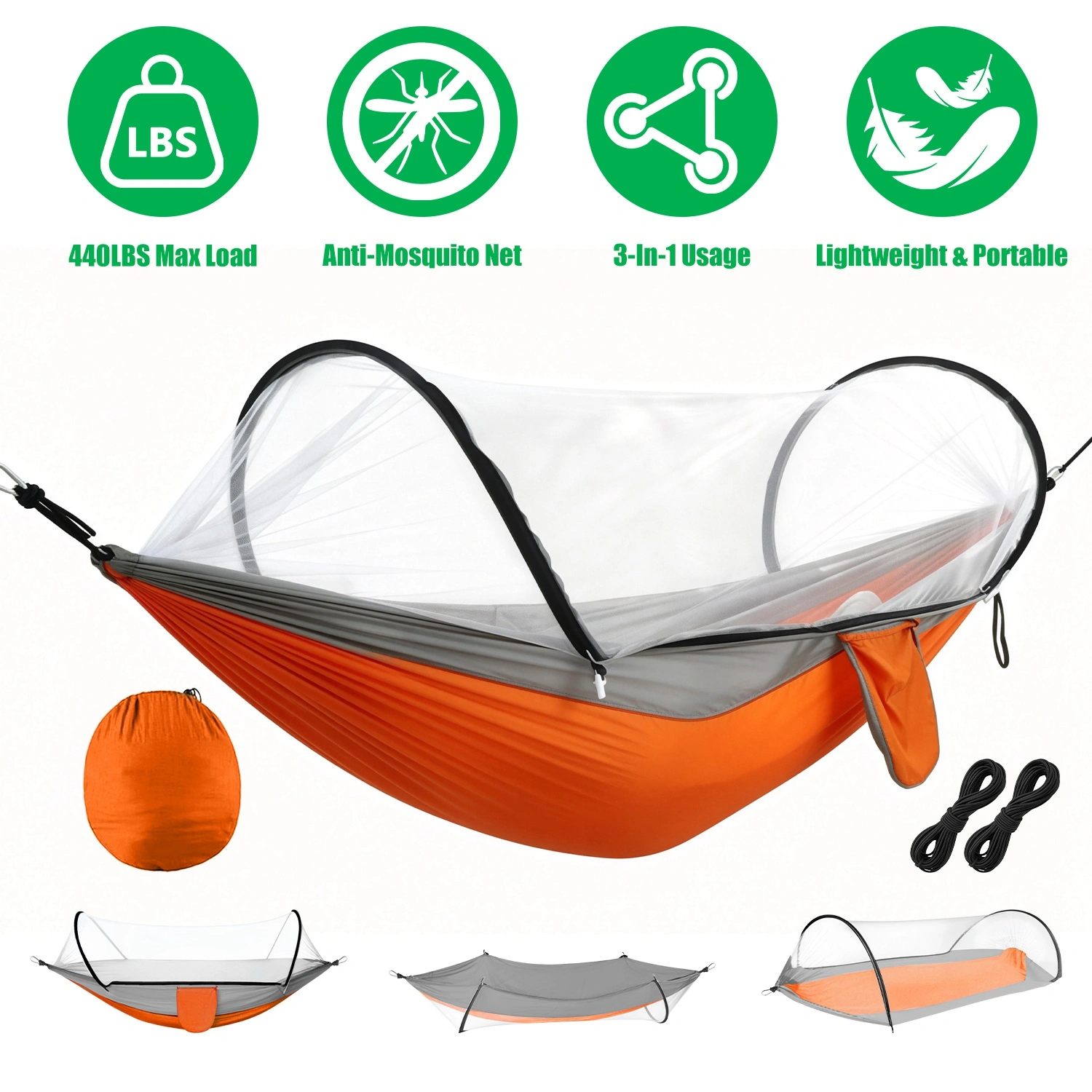3-in-1 Camping Hammock with Automatic Pop-Up Mosquito Net, Lightweight 70D Nylon Portable Hammock Supports 440lbs, Dual Zipper Outdoor Hammock for Camping Hiking Backpacking Beach Backyard view 10