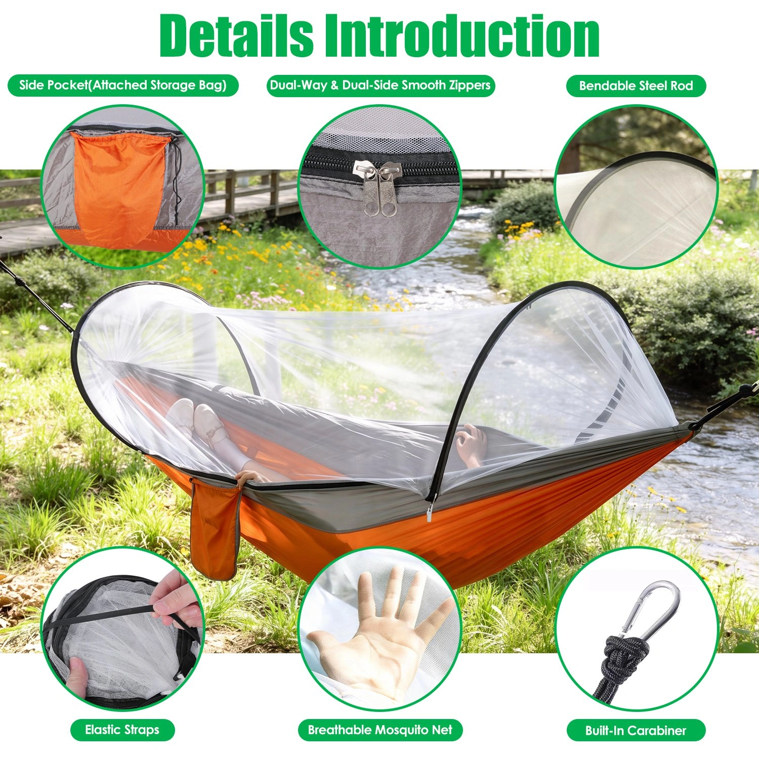 3-in-1 Camping Hammock with Automatic Pop-Up Mosquito Net, Lightweight 70D Nylon Portable Hammock Supports 440lbs, Dual Zipper Outdoor Hammock for Camping Hiking Backpacking Beach Backyard view 2