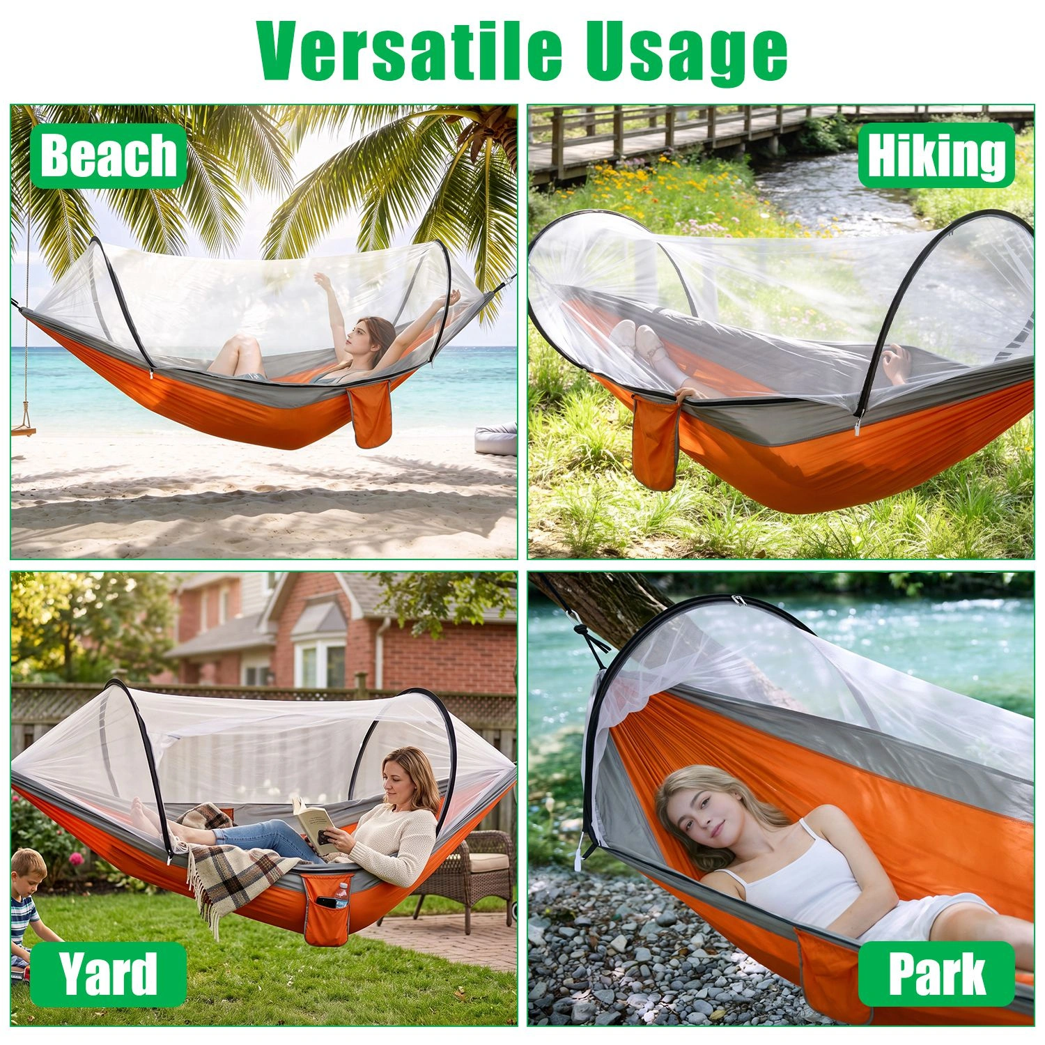 3-in-1 Camping Hammock with Automatic Pop-Up Mosquito Net, Lightweight 70D Nylon Portable Hammock Supports 440lbs, Dual Zipper Outdoor Hammock for Camping Hiking Backpacking Beach Backyard view 5