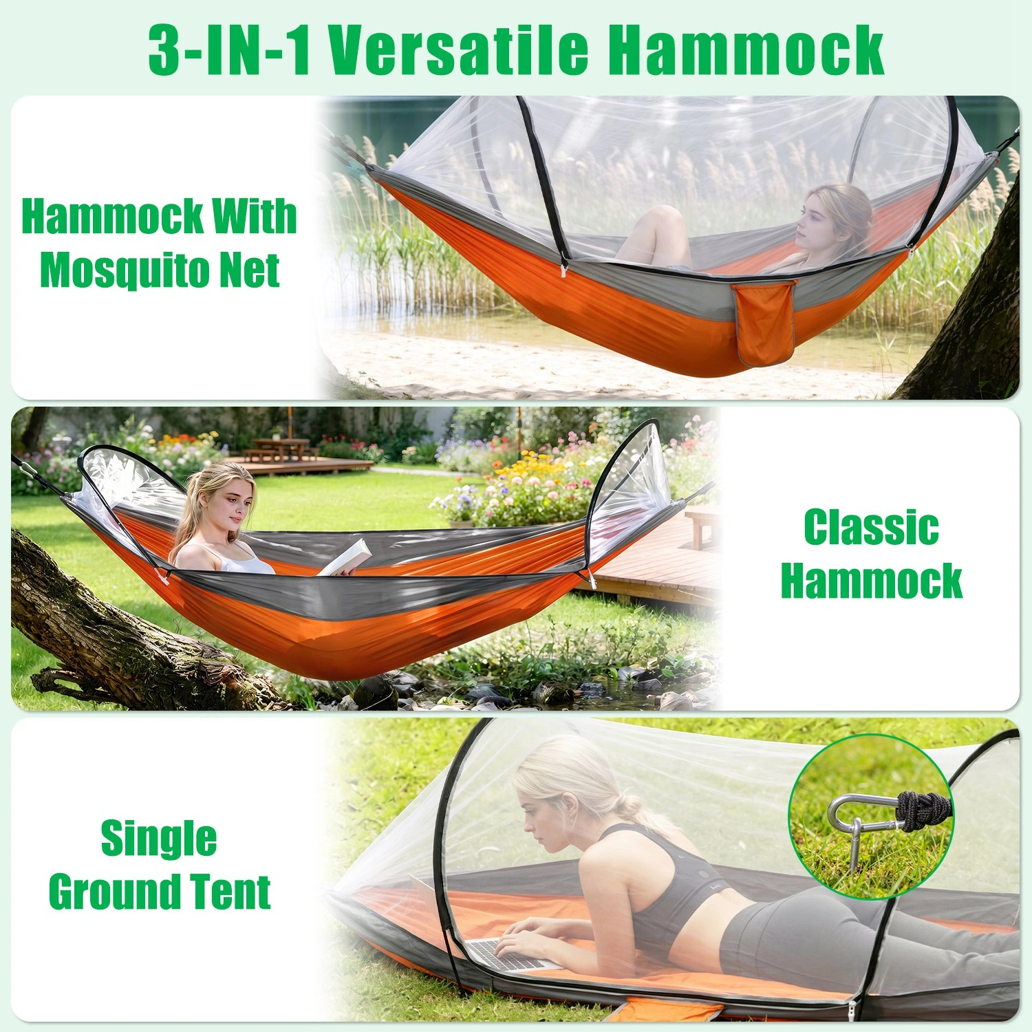 3-in-1 Camping Hammock with Automatic Pop-Up Mosquito Net, Lightweight 70D Nylon Portable Hammock Supports 440lbs, Dual Zipper Outdoor Hammock for Camping Hiking Backpacking Beach Backyard view 6