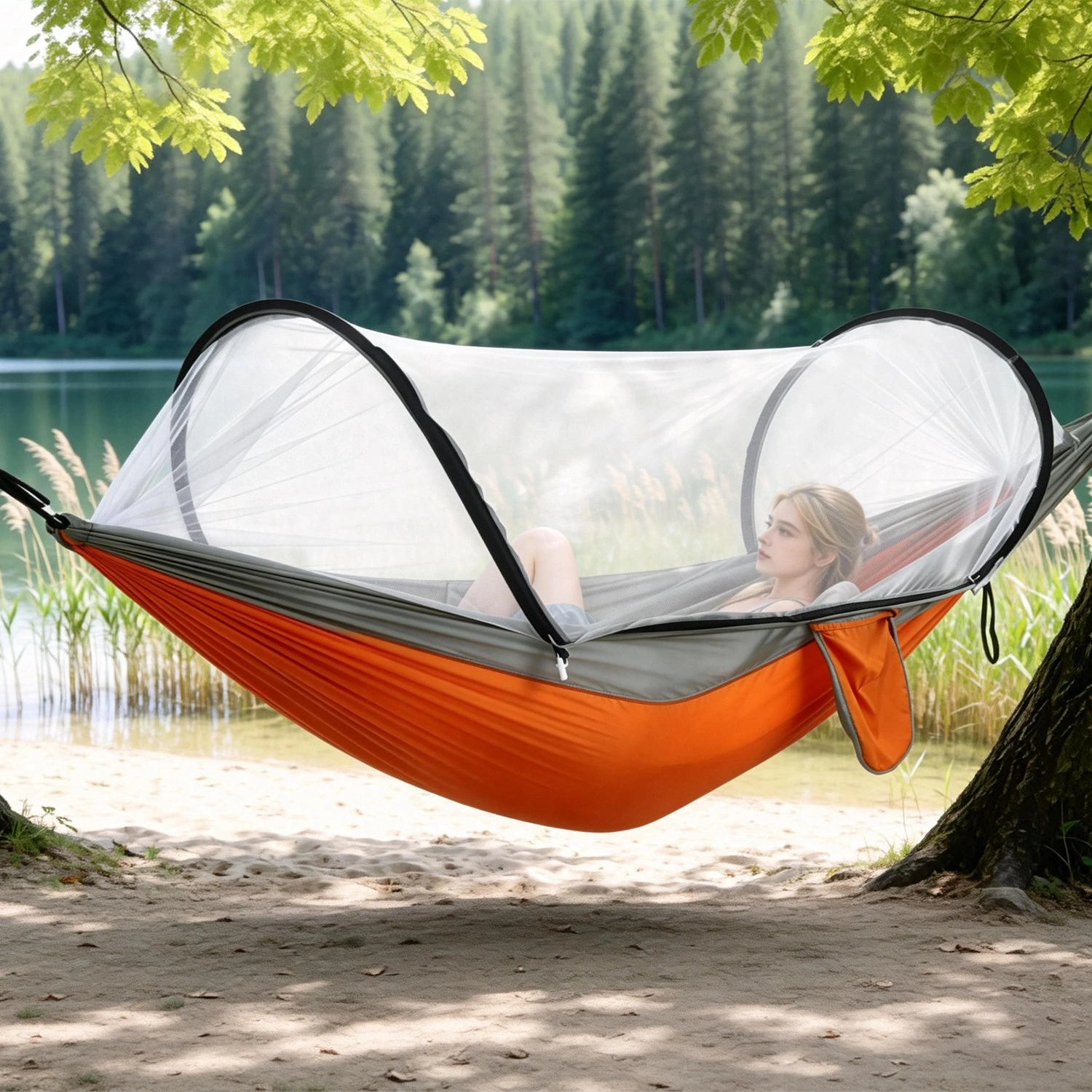 3-in-1 Camping Hammock with Automatic Pop-Up Mosquito Net, Lightweight 70D Nylon Portable Hammock Supports 440lbs, Dual Zipper Outdoor Hammock for Camping Hiking Backpacking Beach Backyard view 7