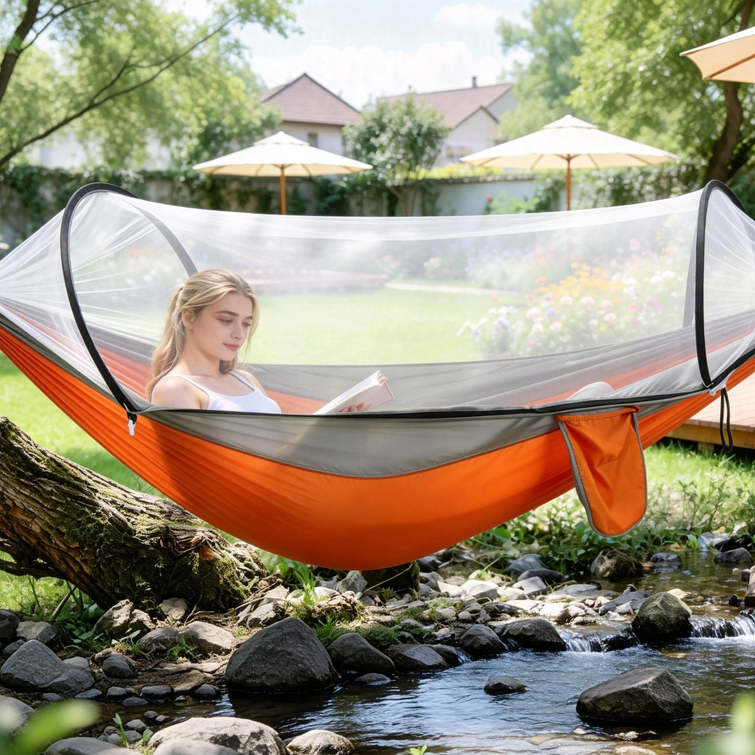 3-in-1 Camping Hammock with Automatic Pop-Up Mosquito Net, Lightweight 70D Nylon Portable Hammock Supports 440lbs, Dual Zipper Outdoor Hammock for Camping Hiking Backpacking Beach Backyard view 8