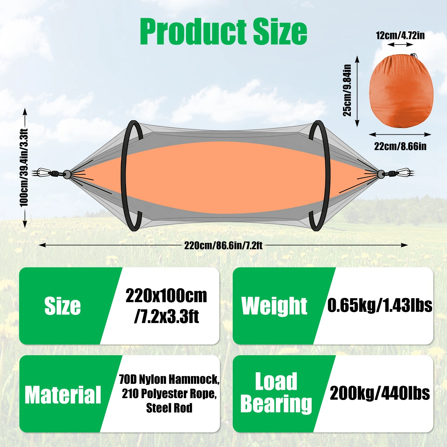 3-in-1 Camping Hammock with Automatic Pop-Up Mosquito Net, Lightweight 70D Nylon Portable Hammock Supports 440lbs, Dual Zipper Outdoor Hammock for Camping Hiking Backpacking Beach Backyard view 9