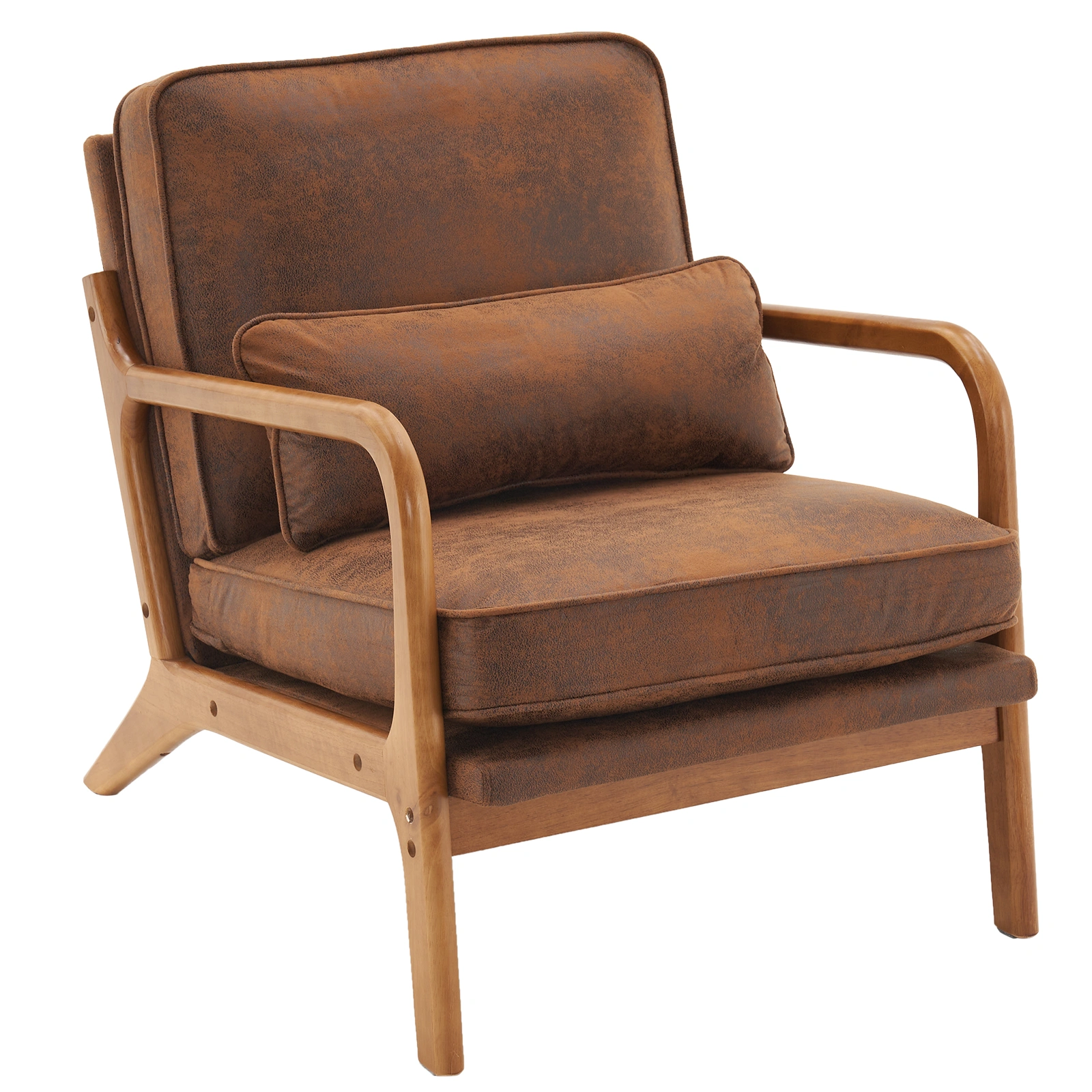 Orange Upholstered Single Lounge Chair with Oak Armrests - Modern Indoor Accent Chair with Wooden Frame