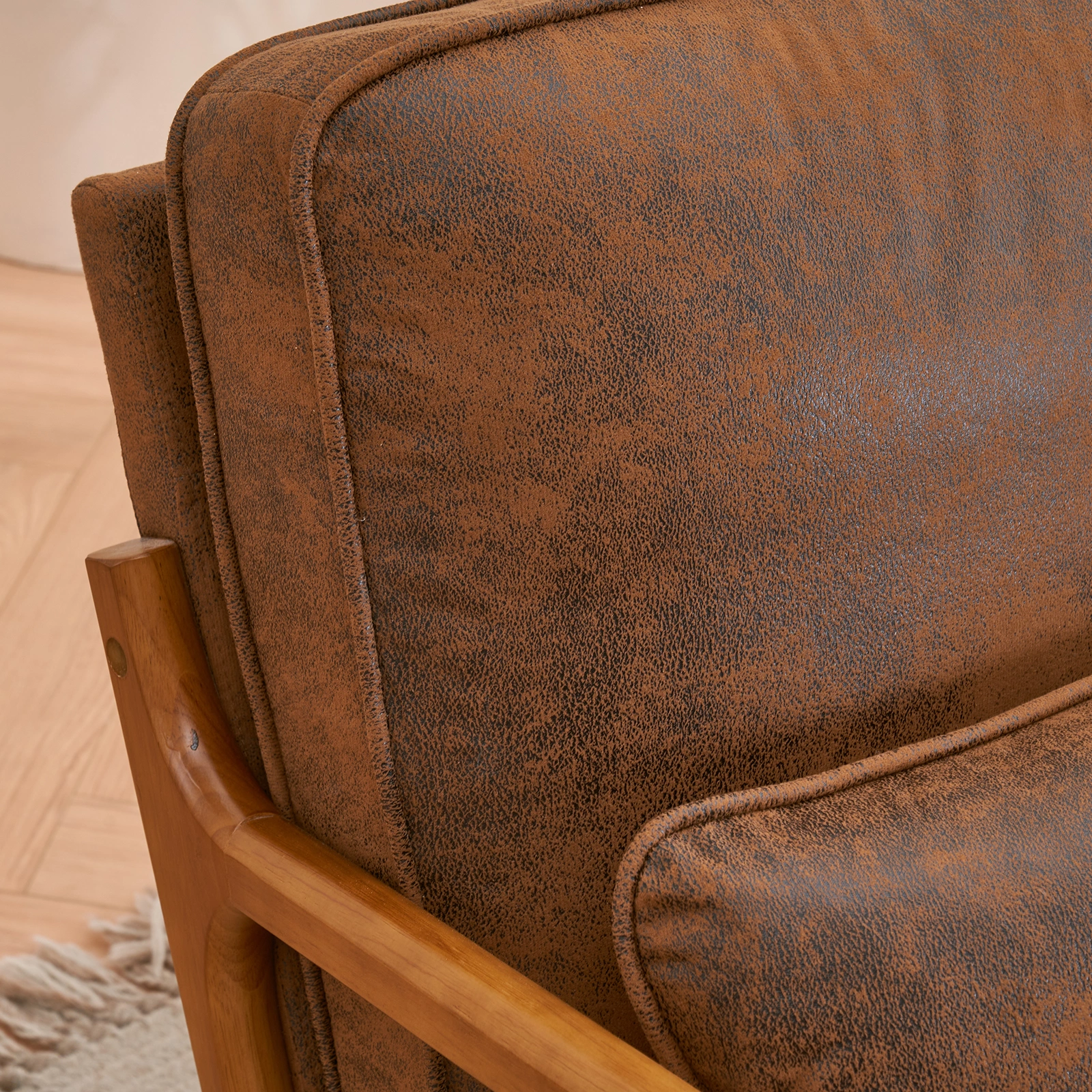 Orange Upholstered Single Lounge Chair with Oak Armrests - Modern Indoor Accent Chair with Wooden Frame view 15