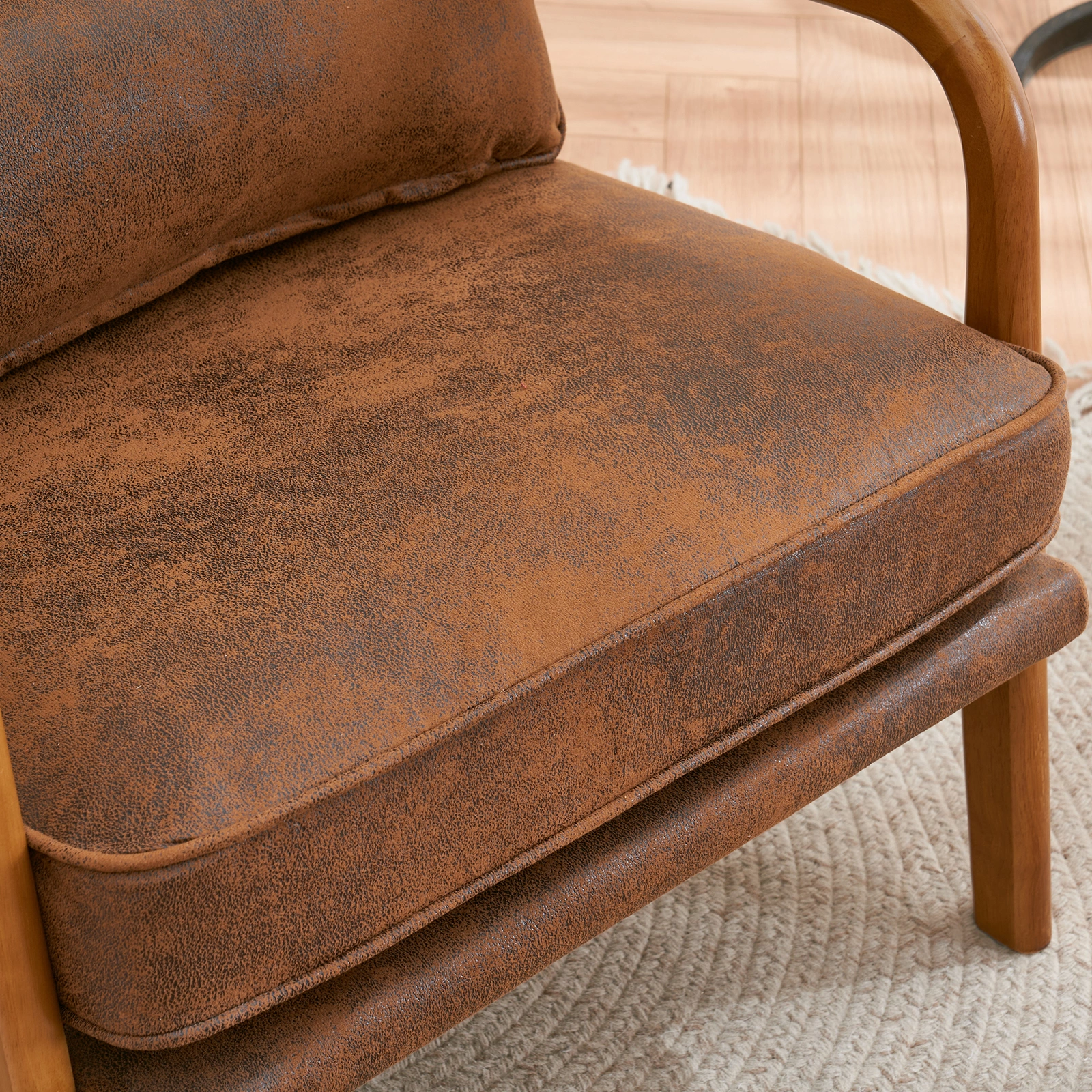 Orange Upholstered Single Lounge Chair with Oak Armrests - Modern Indoor Accent Chair with Wooden Frame view 17