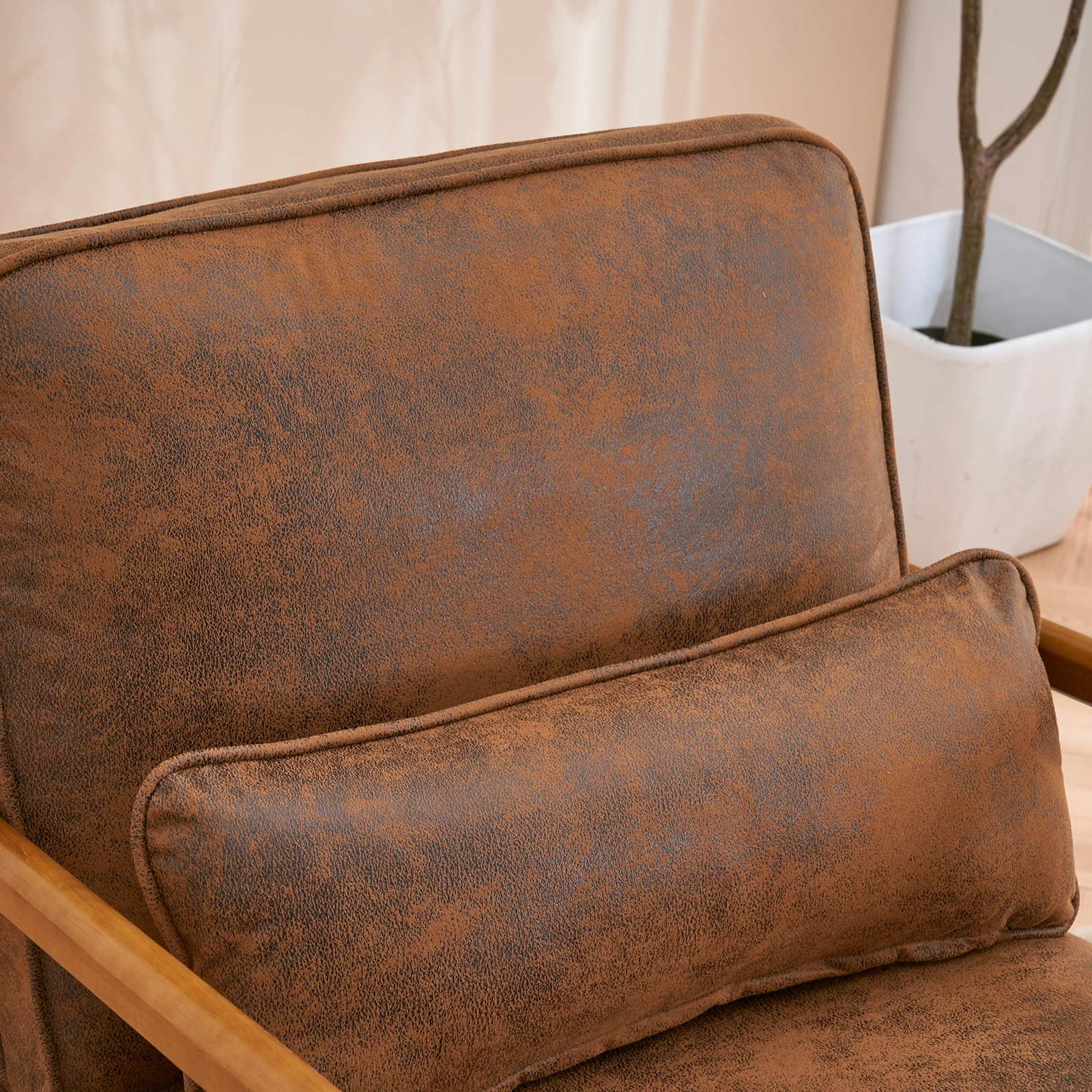 Orange Upholstered Single Lounge Chair with Oak Armrests - Modern Indoor Accent Chair with Wooden Frame view 24