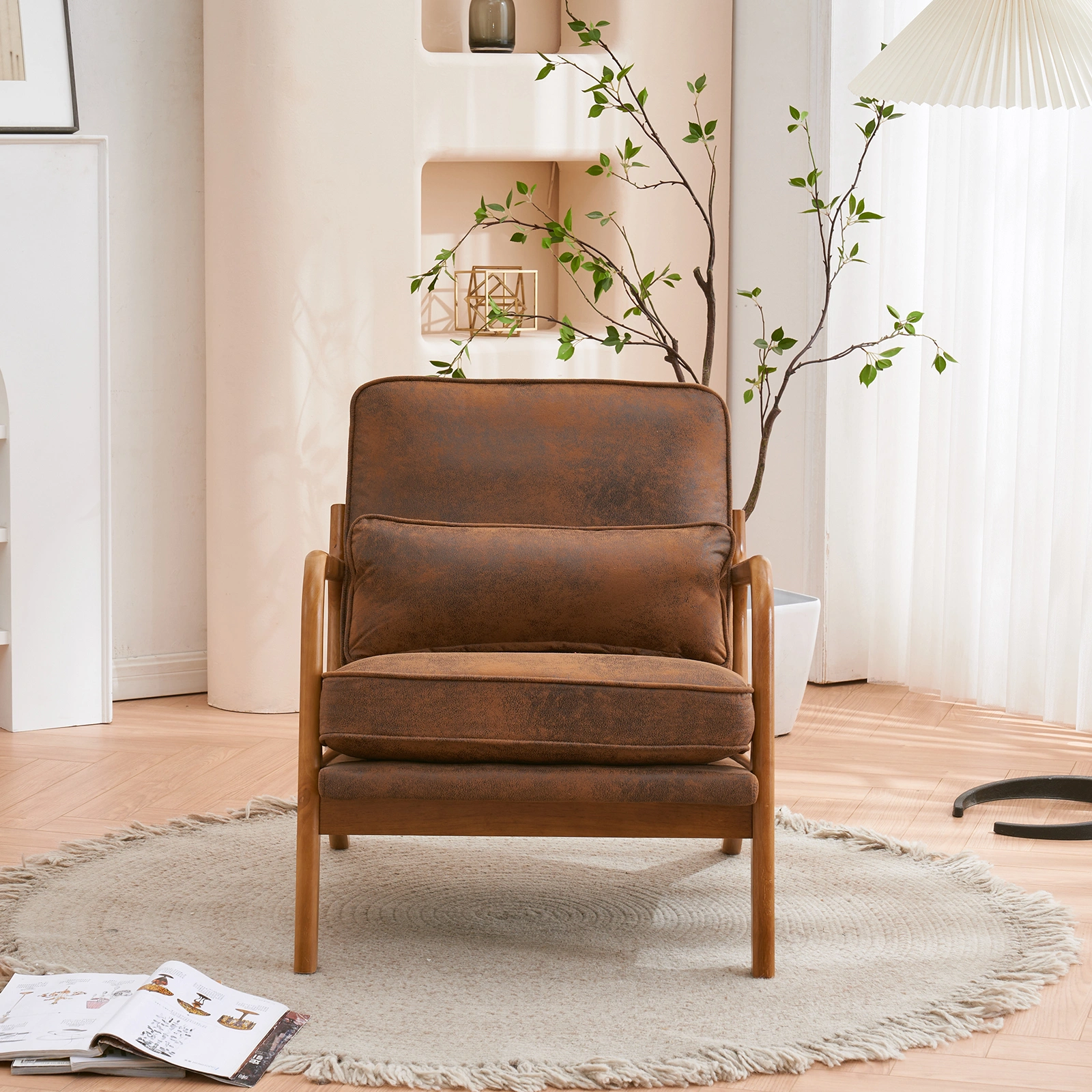 Orange Upholstered Single Lounge Chair with Oak Armrests - Modern Indoor Accent Chair with Wooden Frame view 26