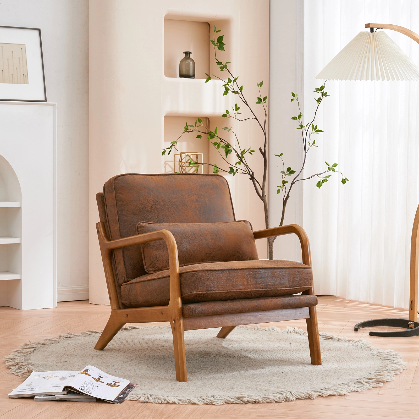 Orange Upholstered Single Lounge Chair with Oak Armrests - Modern Indoor Accent Chair with Wooden Frame view 28