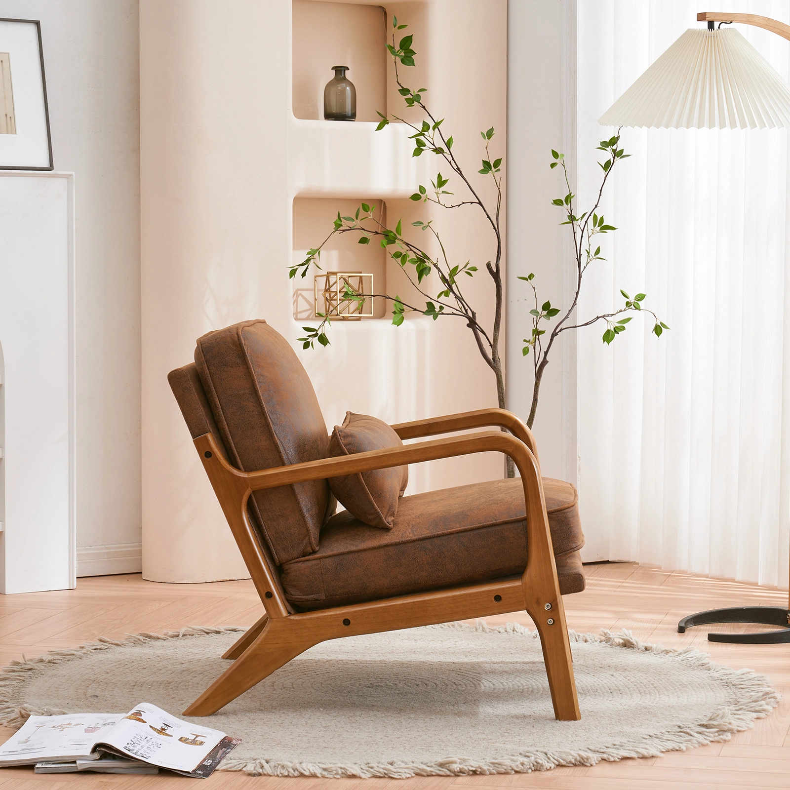 Orange Upholstered Single Lounge Chair with Oak Armrests - Modern Indoor Accent Chair with Wooden Frame view 29