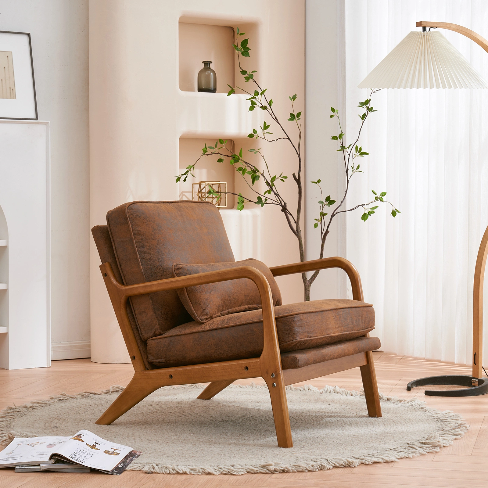 Orange Upholstered Single Lounge Chair with Oak Armrests - Modern Indoor Accent Chair with Wooden Frame view 30