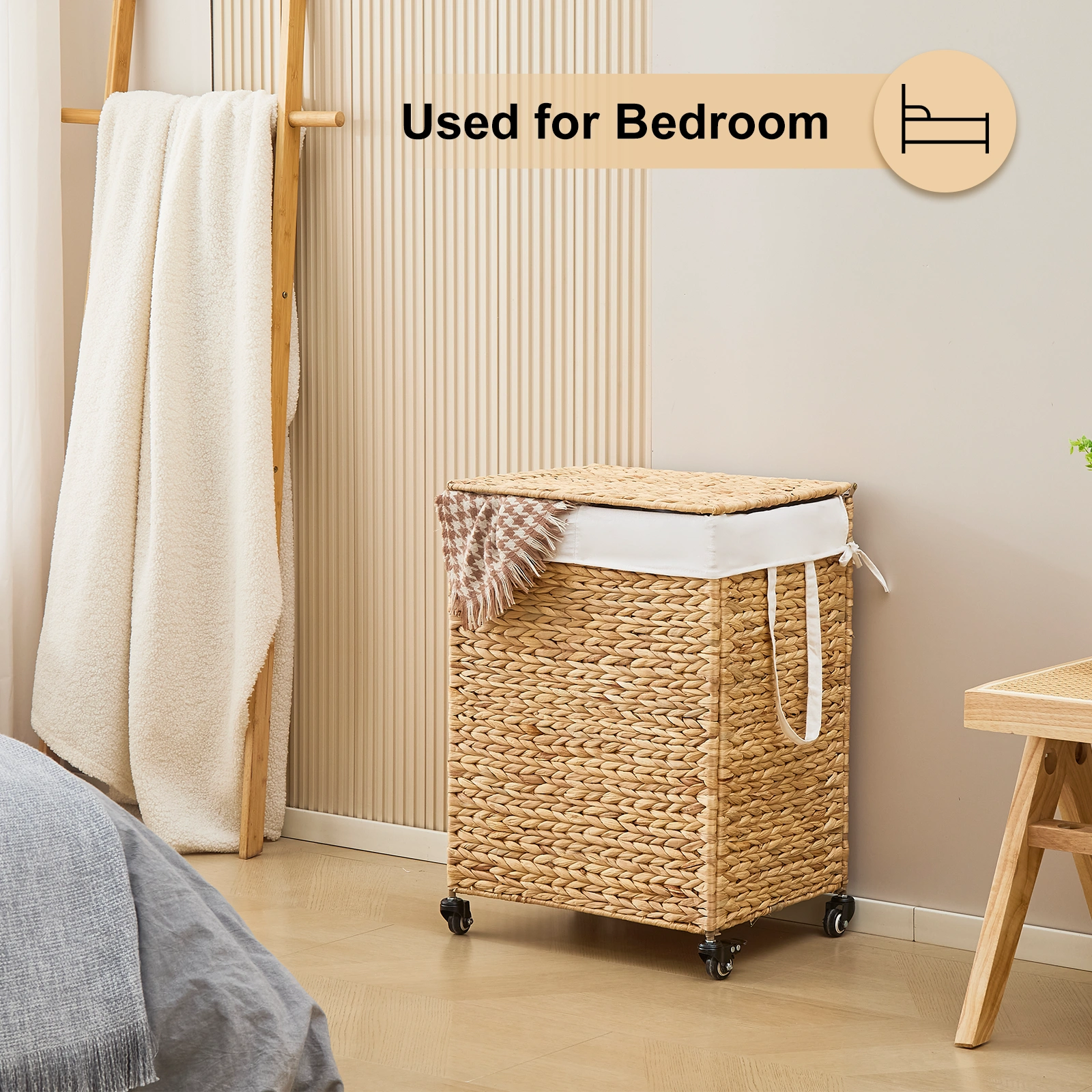 100L 2-Section Laundry Hamper with Lid and Wheels, Woven Natural Water Hyacinth Rolling Laundry Hamper view 7