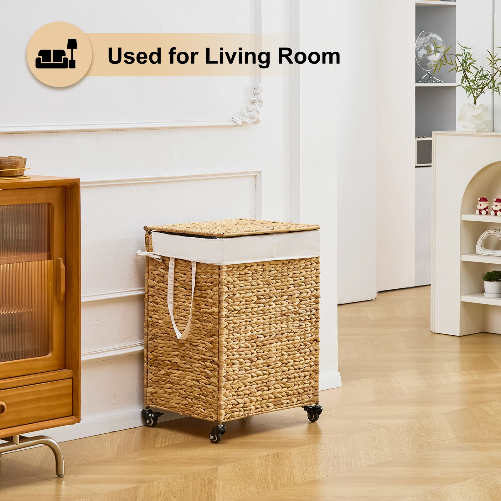 100L 2-Section Laundry Hamper with Lid and Wheels, Woven Natural Water Hyacinth Rolling Laundry Hamper view 8