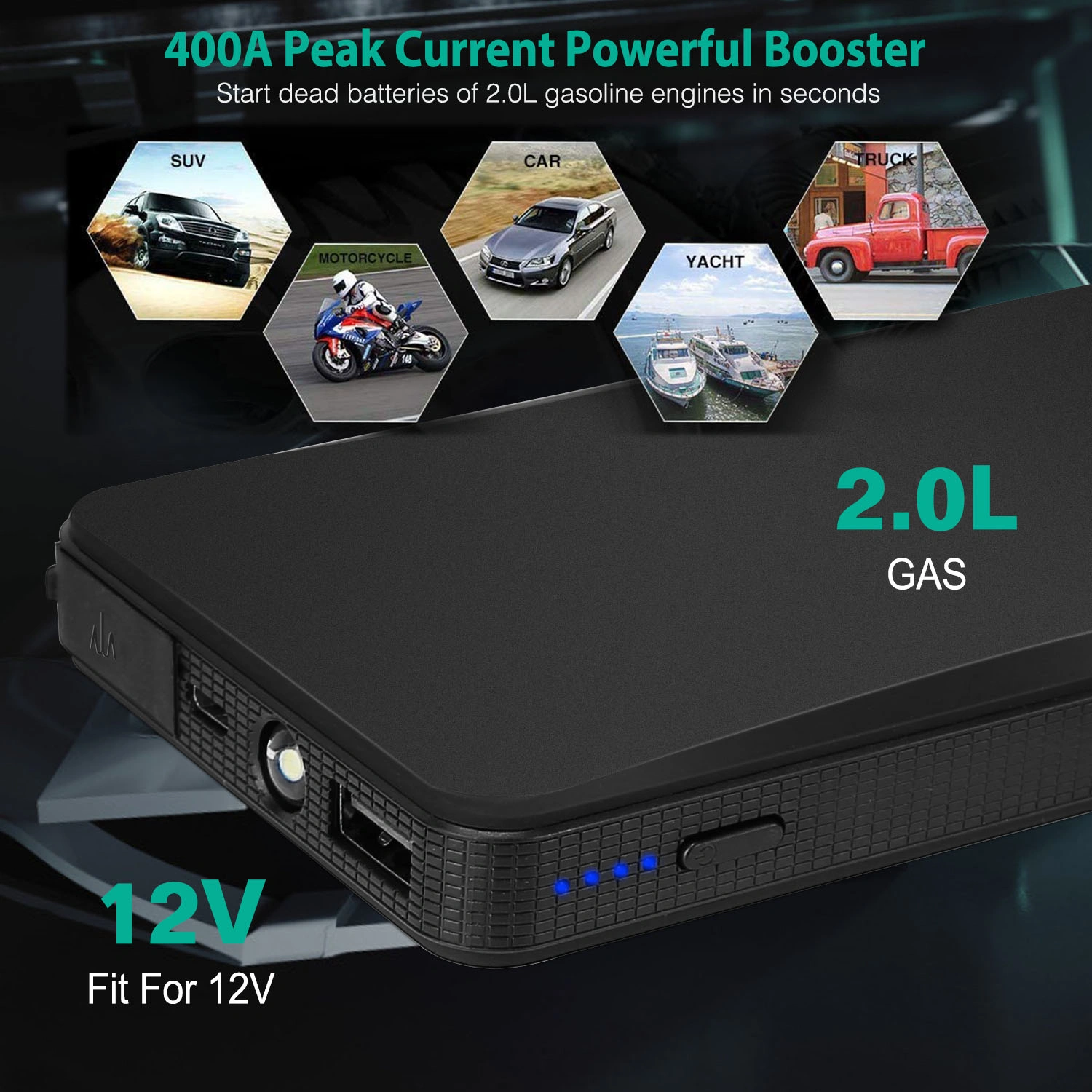 20000mAh Car Jump Starter - 400A Peak Current for Up to 2.0L Gas Engines, Portable Power Bank with USB 5V/2A, 3-Mode Emergency Flashlight (Normal/Strobe/SOS), Lightweight Ideal Gift view 4